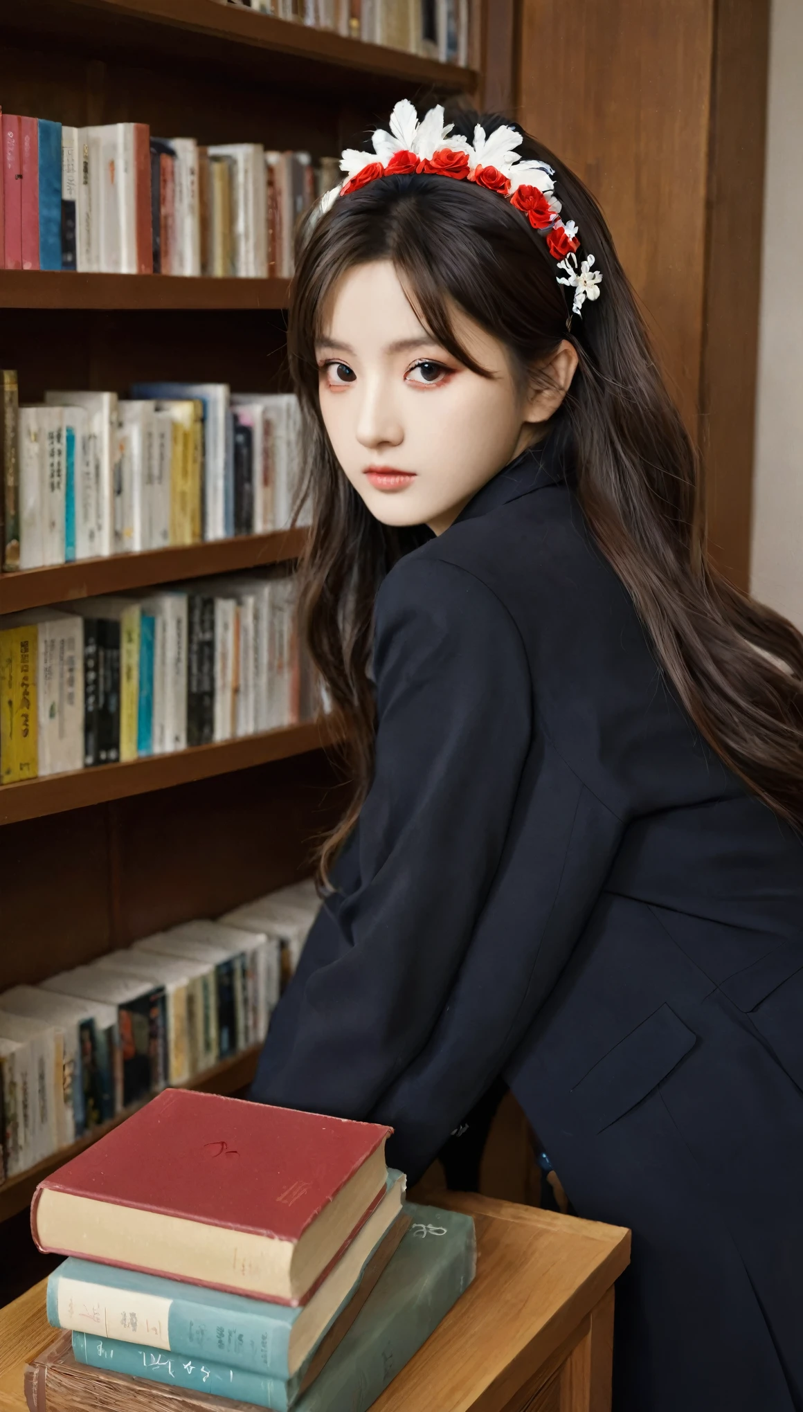 ((masterpiece,best quality))1 Girl, Solitary, bookshelf, A pile of books, Suzuno, indoors, Hair accessories, Youina, Red Eyes,