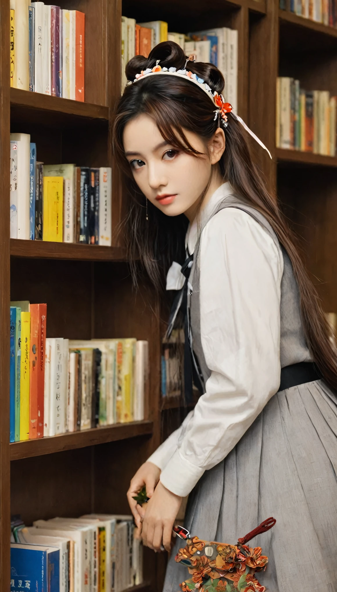 ((masterpiece,best quality))1 Girl, Solitary, bookshelf, A pile of books, Suzuno, indoors, Hair accessories, Youina, Red Eyes,  