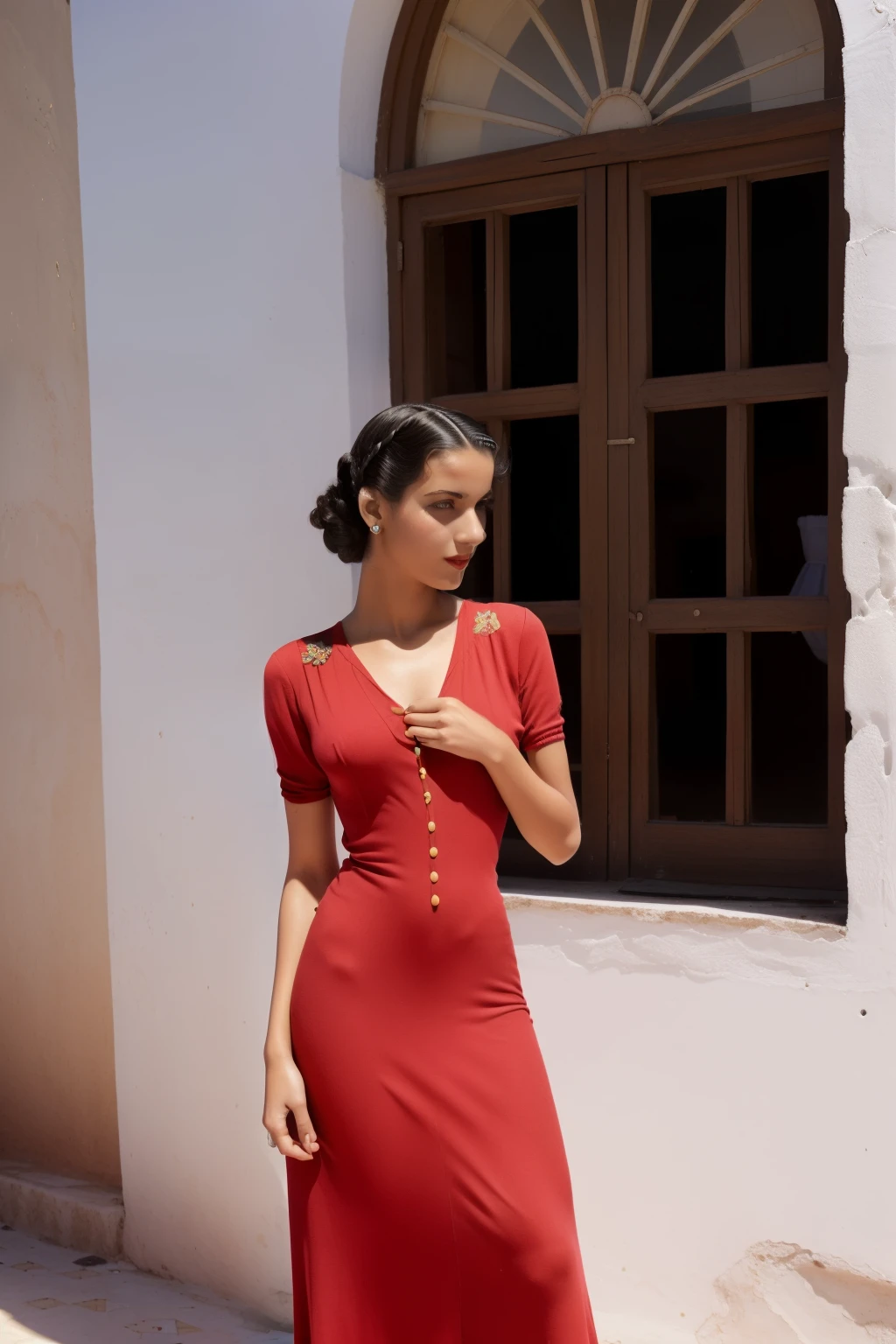 Tetouan, 1936. A young ((((25-year-old)) Sira Quiroga)), beautiful, skinny, sewing, ((((clothings from the 1930s)))), ((hairstyle of the 1930s)), ((colorful))