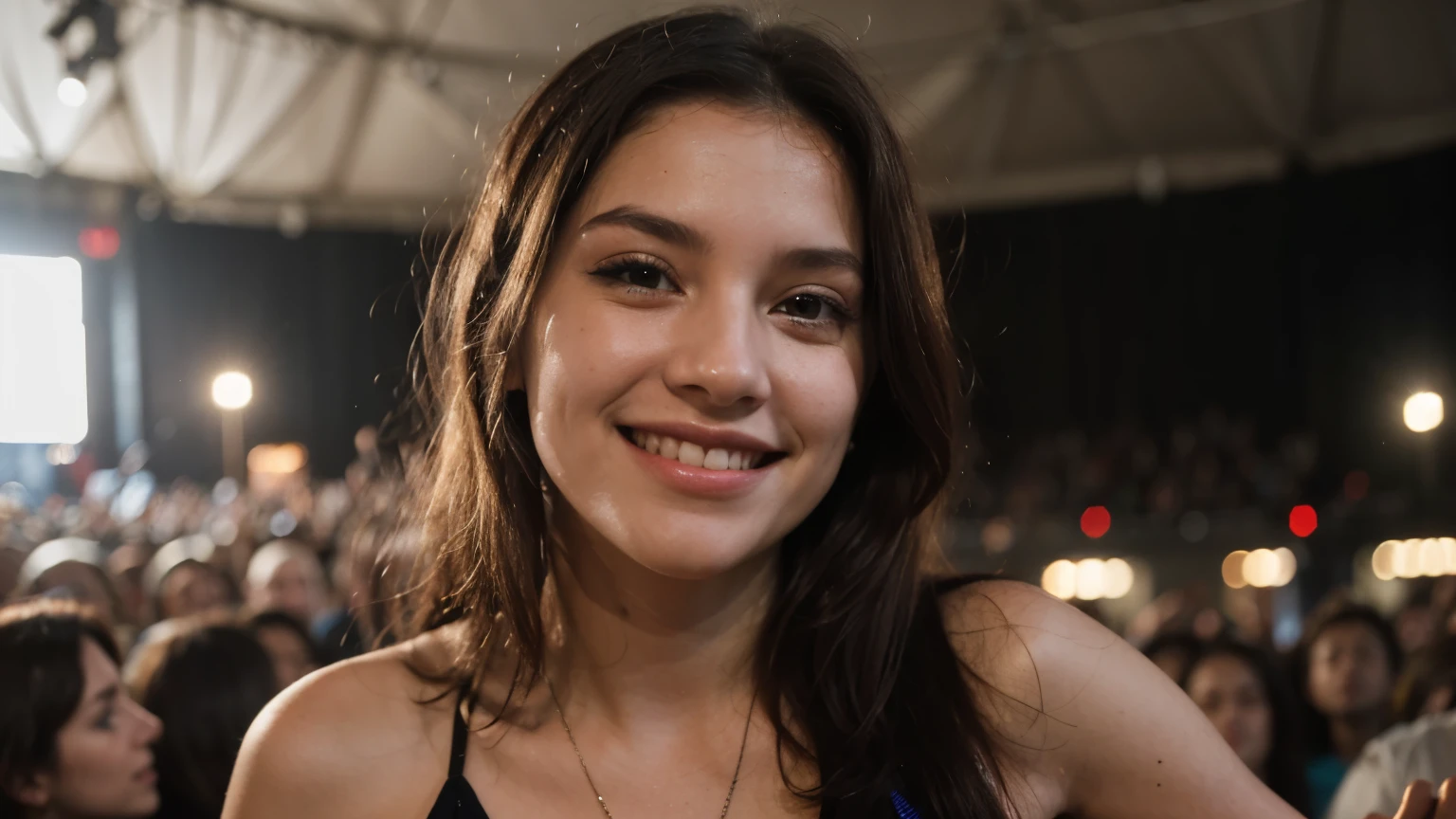 a very close-up shot of a girl at a concert. She smiles very happy enjoying concert. cinematic lighting with colorful lighting