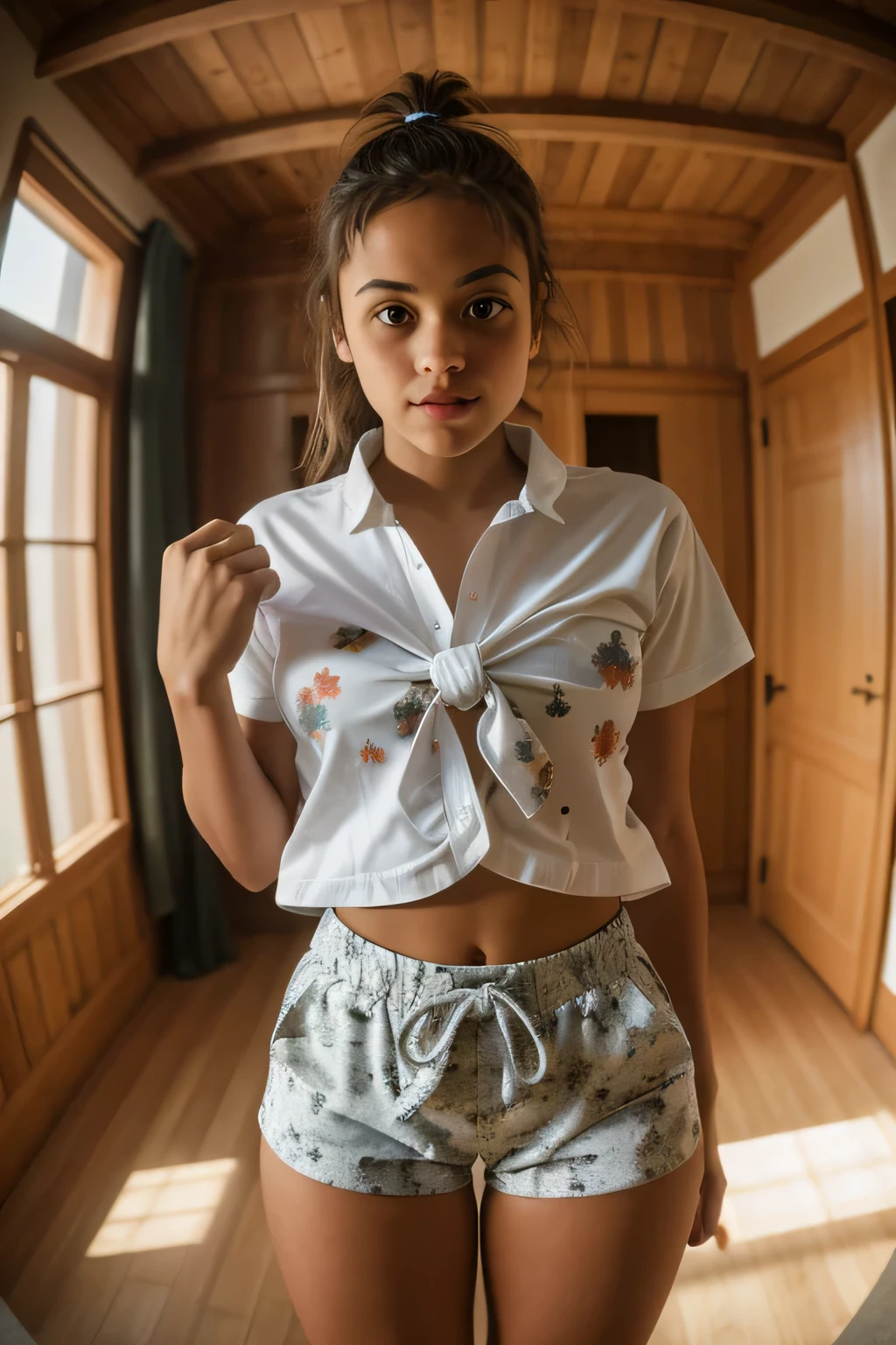 (masterpiece,best quality, detailed), girl indoors, dojo, closed mouth, legs apart, fisheye lens, depth of field, feet out of frame, tied shirt, single glove, print shorts, purposeful. Her chiseled proudly showcase her dedication to physical fitness, hands behind the back, realistik photo