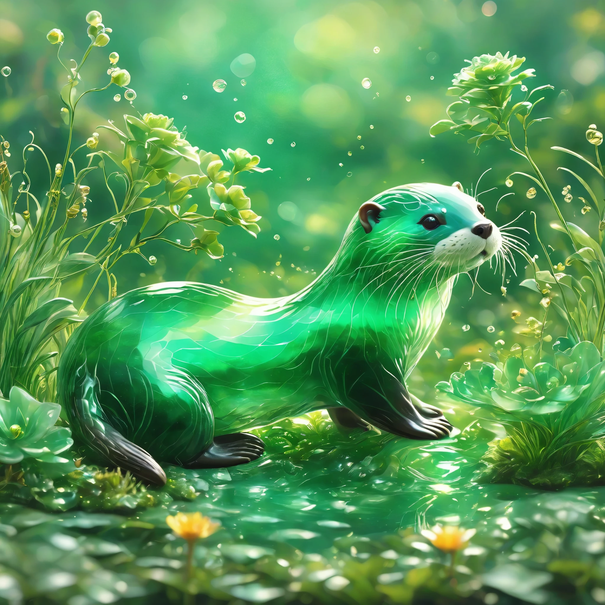 best quality, very good, 16K, ridiculous, Extremely detailed, Gorgeous transparent emerald otter background grassland（（A masterpiece full of fantasy elements）））， （（best quality））， （（Intricate details））（8k）