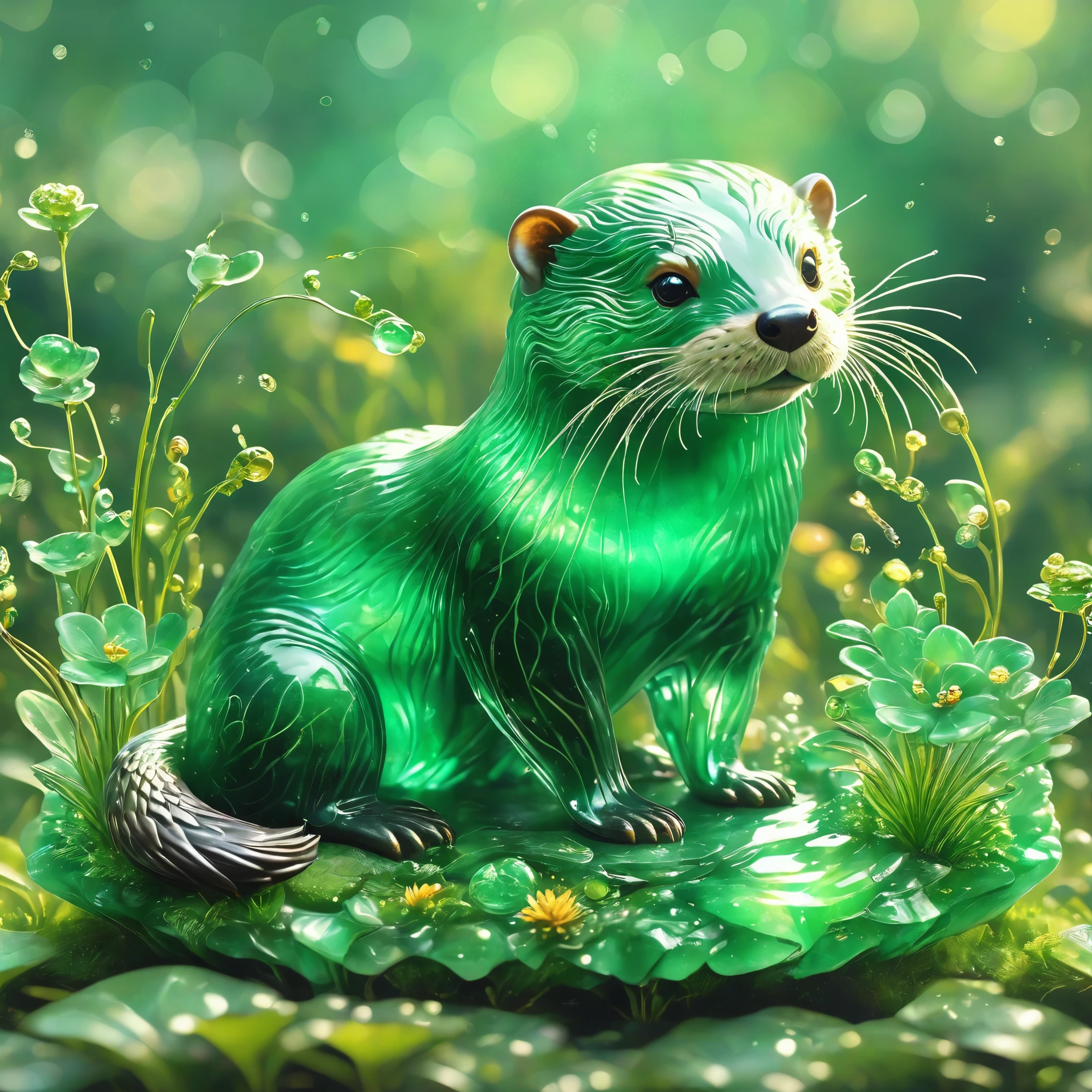 best quality, very good, 16K, ridiculous, Extremely detailed, Gorgeous transparent emerald otter background grassland（（A masterpiece full of fantasy elements）））， （（best quality））， （（Intricate details））（8k）