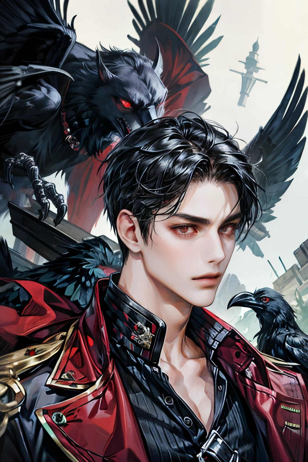 black haired pirate with red crimson eyes and a crow