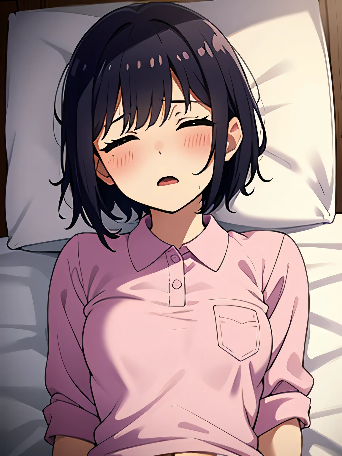 1. Beautiful woman in a pink polo shirt, short hair, Small breasts,Black Hair, Hospital Beautiful Cute High Quality Sleeping in bed Sexy Saliva Feeling Man underneath