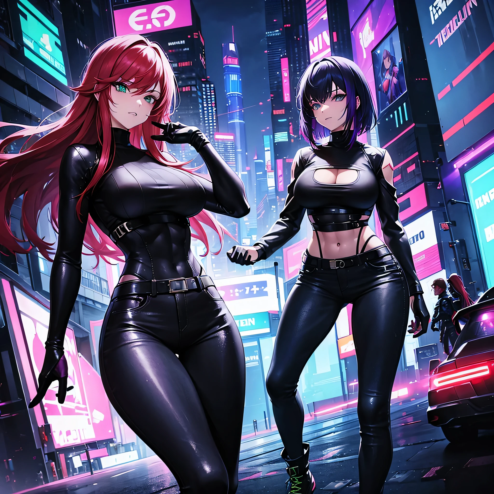 (Two woman) Futuristic, cyberpunk, neon lights, Mature, long hair, redhead woman with green eyes, sexy, defined abs, tight black sweater, tight jeans. Another woman, short purple hair, gray eyes, tan skin, tight clothing