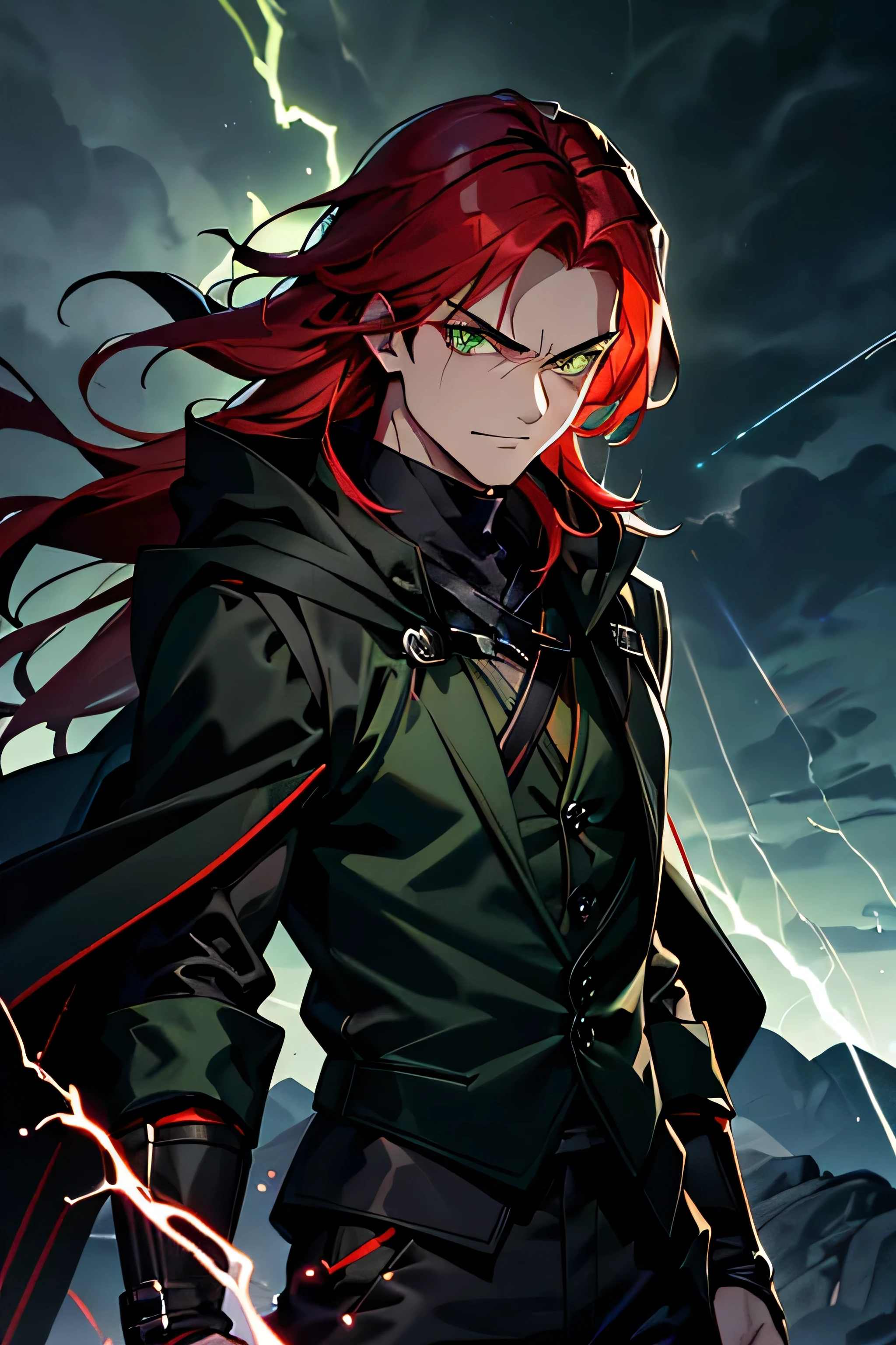 Male ninja, man, highly detailed, masterpiece, best quality, correct hands, long red hair, long hair, green eyes, bright green eyes, ((black pants, black and green cloak, black shirt, black vest,)) smug look, mountain background, storm, lightning, stormy atmosphere, surrounded by lightning, green lightning, green static sparks,