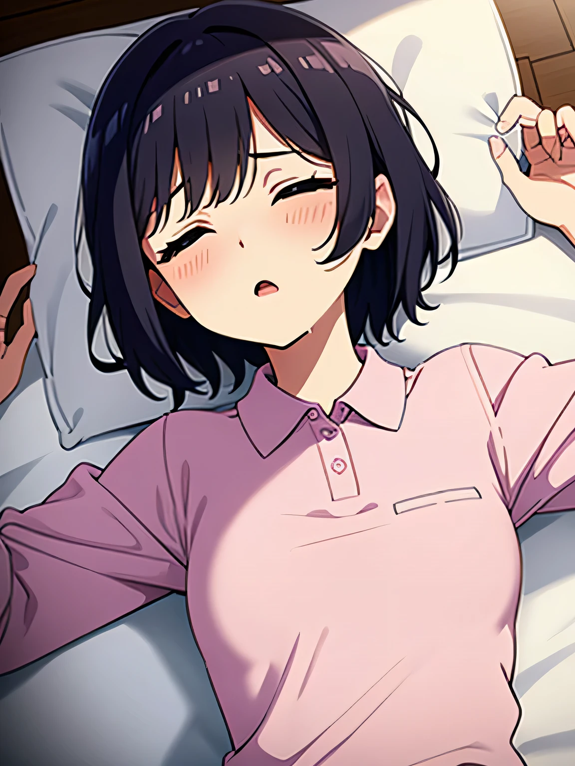 1. Beautiful woman in a pink polo shirt, short hair, Small breasts,Black Hair, Hospital Beautiful Cute High Quality Sleeping in bed Sexy Saliva Feeling Man underneath