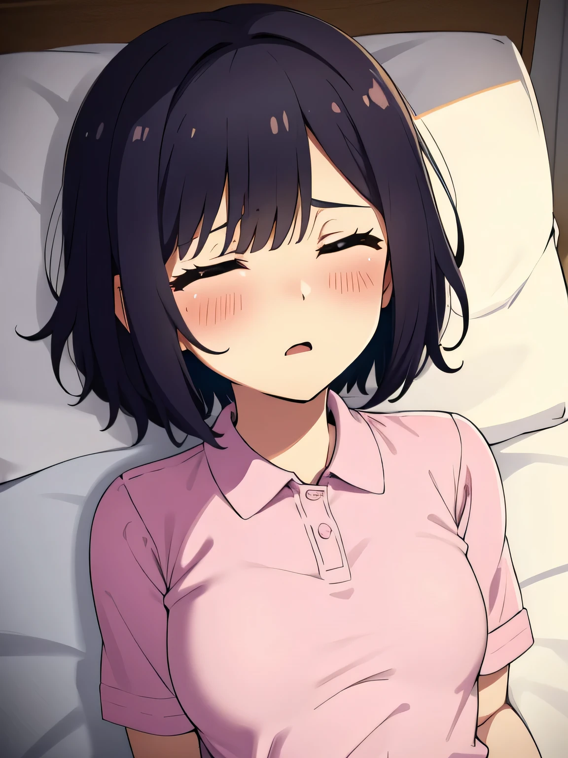 1. Beautiful woman in a pink polo shirt, short hair, Small breasts,Black Hair, Hospital Beautiful Cute High Quality Sleeping in bed Sexy Saliva Feeling Man underneath