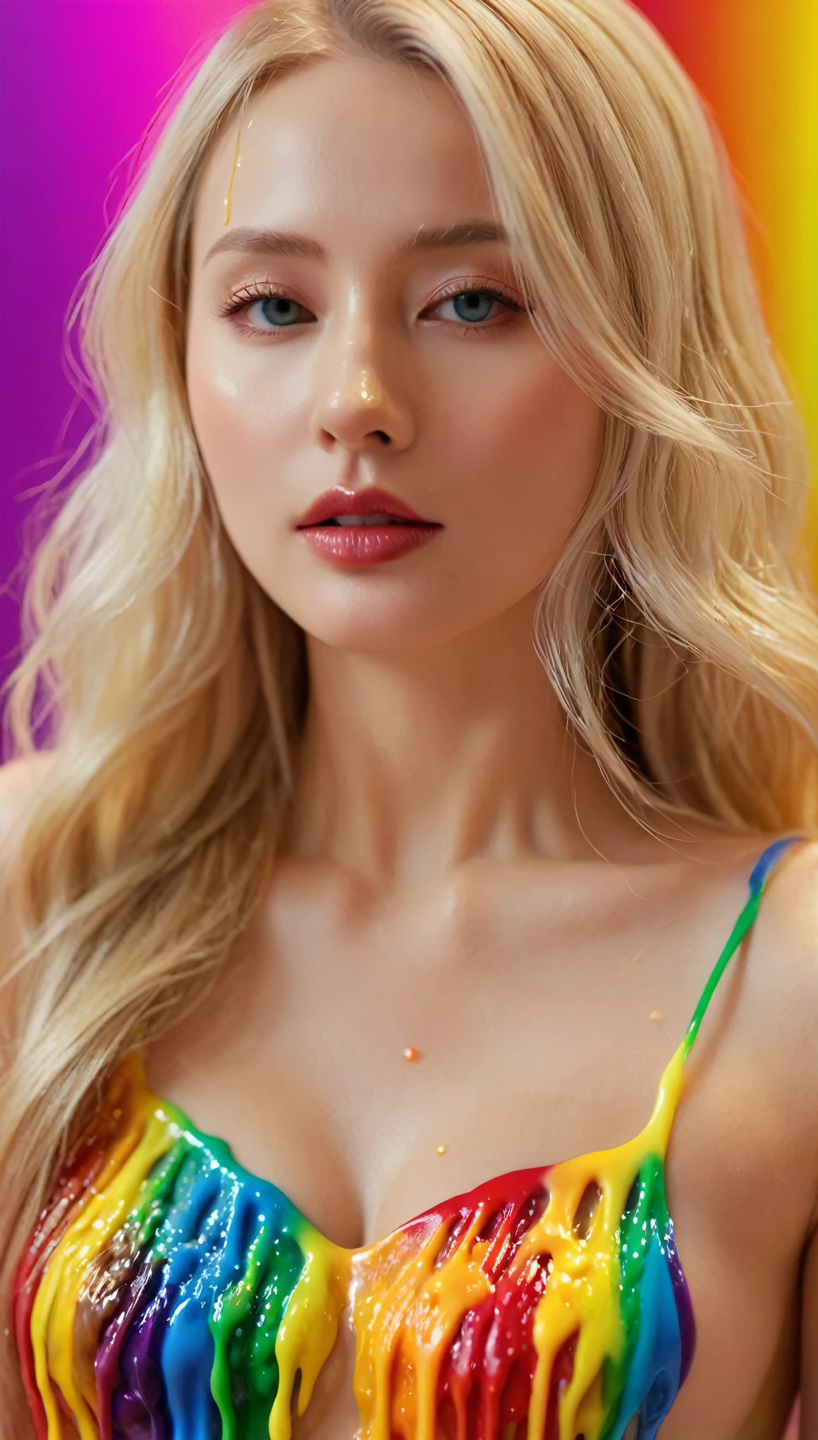 beautiful blonde woman, Wax dress melts and drips onto body (masterpiece: 1.2), (best quality), 4K, Super detailed, (Dynamic Synthesis: 1.4), Very detailed, Colorful Detailed, (Rainbow Colors: 1.2), (Bright Lights, Mood lighting), dream, magic, (Solitary: 1.2)
