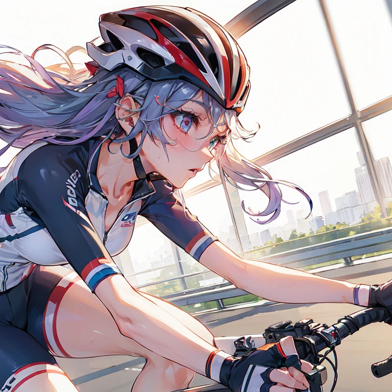 high quality,hd,16k,sharp line,1girl,female cycling athlete ,bycycle,cute face, large breasts, slender body, delicate body,nice legs, sweat,in cycling venue,focus girl,detailed beautiful face,detailed clothes,beautiful eyes,cool,dynamic angle