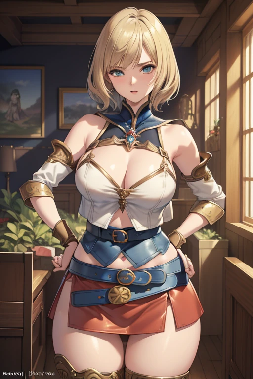 Cowboy Shot,(Golden Ratio,Tabletop, highest quality, highest quality, Official Art, beautifully、aesthetic:1.2), Very detailed, colorful,Best details,An illustration, Fantastic scene, (adult,19 years old,One Girl, alone, Final Fantasy 12,Asheria, short hair, short hair,Asheria Costume, huge , mini skirt,Knee socks, Thighs Thighs Thighs Thighs, gem, Blue Belt,One number on the belt),Course of action, Contemptuous look , Hands on hips、Nipples are visible、