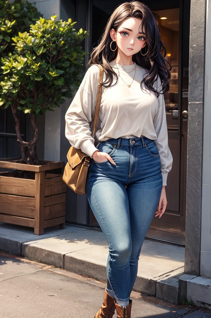 (masterpiece:1.2, best quality), 1. Ms., Solitary, Upper Body, Big , Dark Wash Skinny Jeans, Oversized sweaters, Ankle boots, Loose Waves, Center, Simple hoop earrings, Green Park