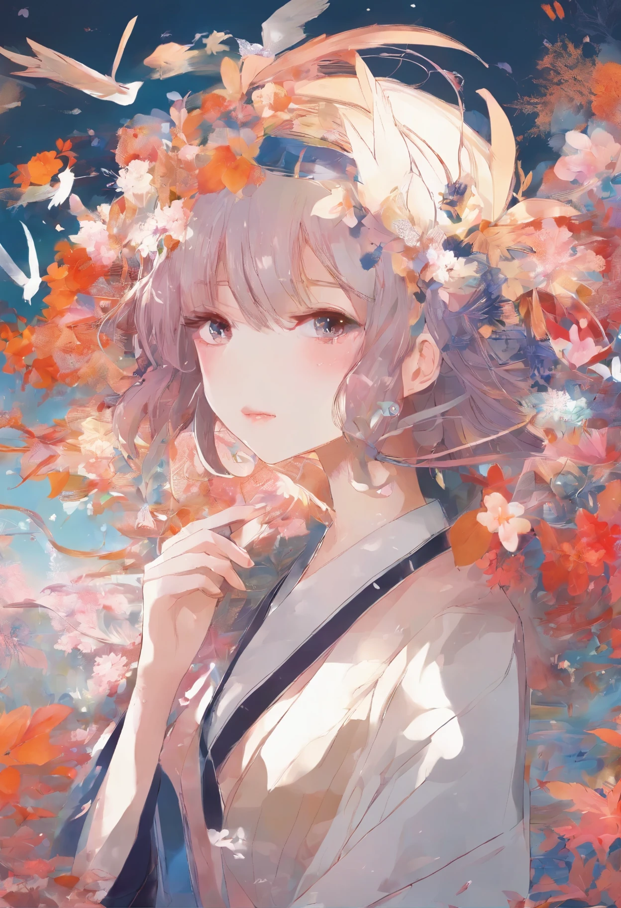 soft and warm color, movie still,bright, vivid,dreamy, evocative use of light and shadow, incredible beauty, anime style, vibrant, studio anime, beautiful, textural, ray tracing, absurdres, offical art, illustration, (((masterpiece))),(((best quality))),((ultra-detailed)), solo,flower,leaf,solo,(1girl:1.2), (looking_at_viewer:1.2), (abstract art:1.2),2d,(highlydetailed),(colorful),(intenseexpression),(fashionable), feather,
