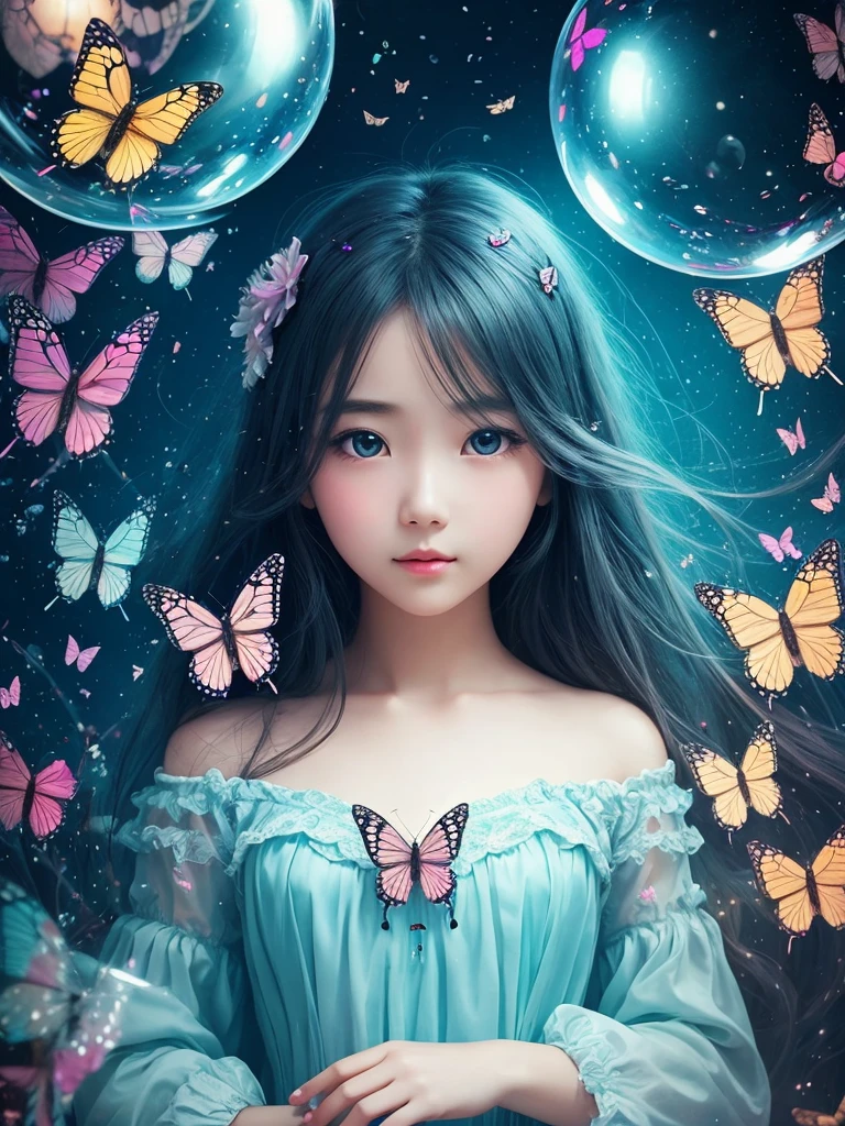 Surrealism、Beautiful girl and butterfly、Abstract art、empty、bubble、hologram、minimum、vintage、Soft Lighting、Precision Dreams、Fantasy World