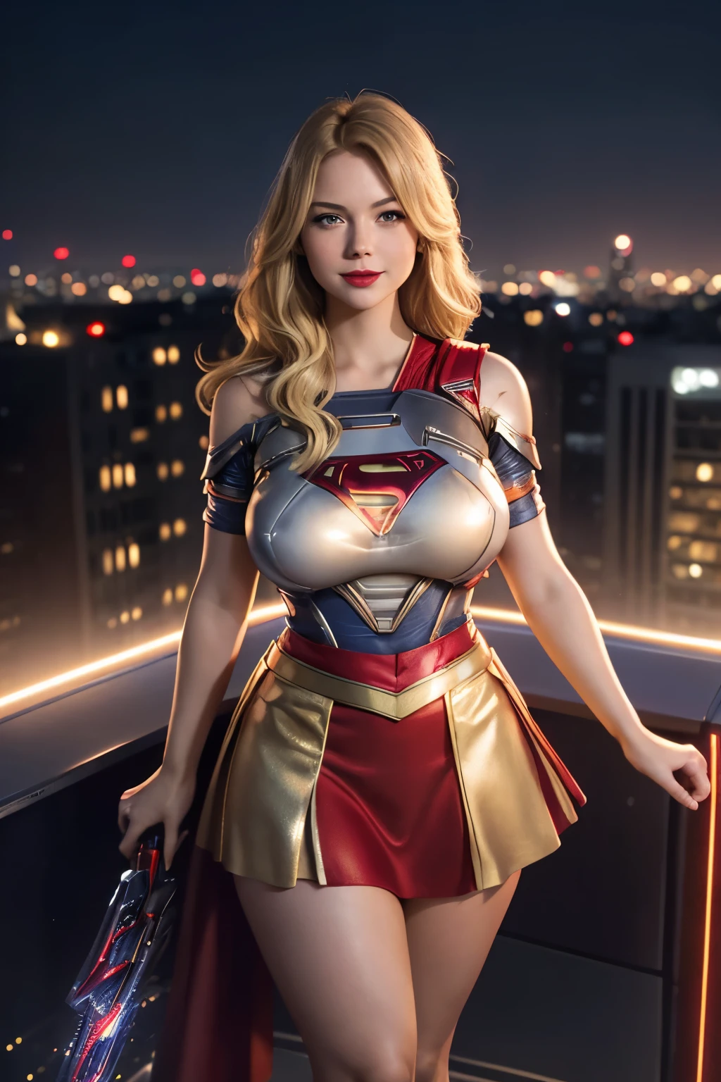 Supergirl, 29 years old, ((( Taylor Swift:Emma Stone:0.7))) full body shot, Beautiful woman (((shoulder length wavy blonde hair))) defined body, Red lipstick, smiling slightly, hands free, standing, (( short sleeve, knee length sparkling red futuristic body armor with matching skirt of Supergirl)), rooftop garden city night, (huge_breasts:1.4) (curvy:1.3)(chubby:1.1)