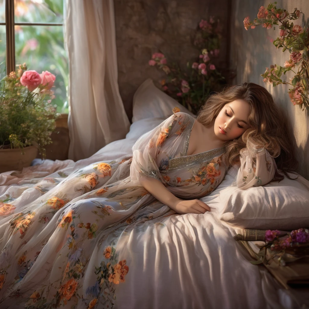 (best quality,highres,masterpiece:1.2),ultra-detailed,(realistic,photorealistic,photo-realistic:1.37),soft lighting,flawless skin,
a woman,beautiful detailed eyes,beautiful detailed lips,long eyelashes,luxurious silky hair,
a woman resting peacefully,deep sleep,sheer night gown,tranquil expression,
an otter,cute and chubby,sleeping comfortably,between her breasts,
a flower filled bedroom,colorful blooms,vibrant petals,fragrant atmosphere,
delicate bed sheets,soft and inviting,
curtains billowing gently in the breeze,
fluffy pillows for maximum comfort,
dreamlike atmosphere,
subtle moonlight cascading through the window,
peaceful ambiance,
serene and calm environment,
a sense of serenity and tranquility,
 intricate floral patterns on the walls,
 ethereal and magical feeling,
  soothing and comforting atmosphere,
   cozy and intimate setting,
    feminine and elegant decoration, 
playful and adorable otter,
quiet and gentle movement,
 a moment of pure bliss and relaxation.