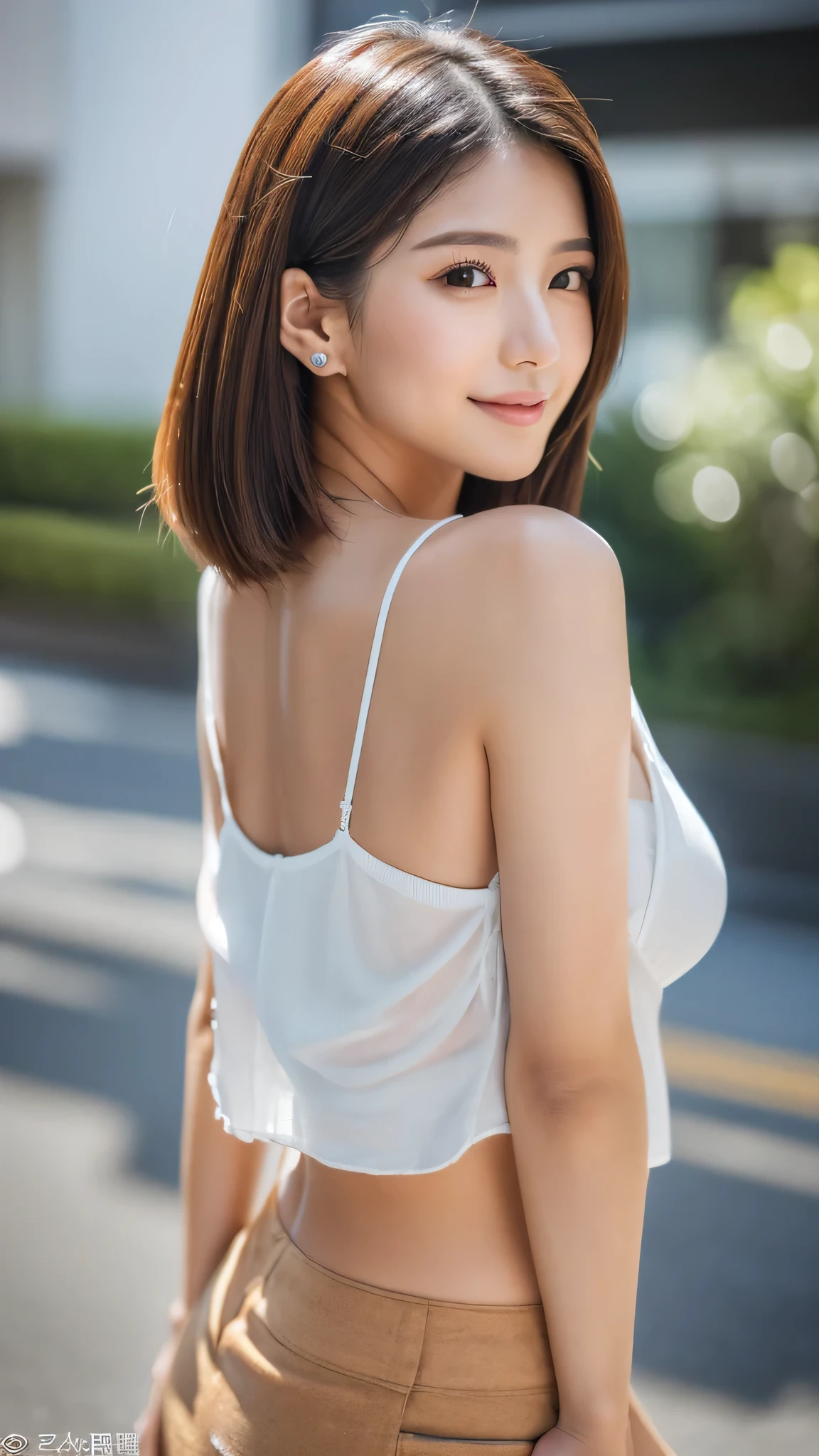 (Ultra - High resolution:1.5)(super detailed:1.3) (super high quality) (Super high quality:1.5) (realistic pictures:1.3) japanese woman　21 years old　((Fine and beautiful face:1.3)) ((realistic skin texture:1.3)) ((Precise, high-quality eyes:1.3)) ((Detailed and high-quality ears)) ((beautiful, My skin is very fair and transparent.:1.3)) ((beautifully groomed straight short bob hair))Complete body　beautiful proportions　Very beautiful HD picture quality　key hole tanktop　The background is the city　whole body　smile　sexy