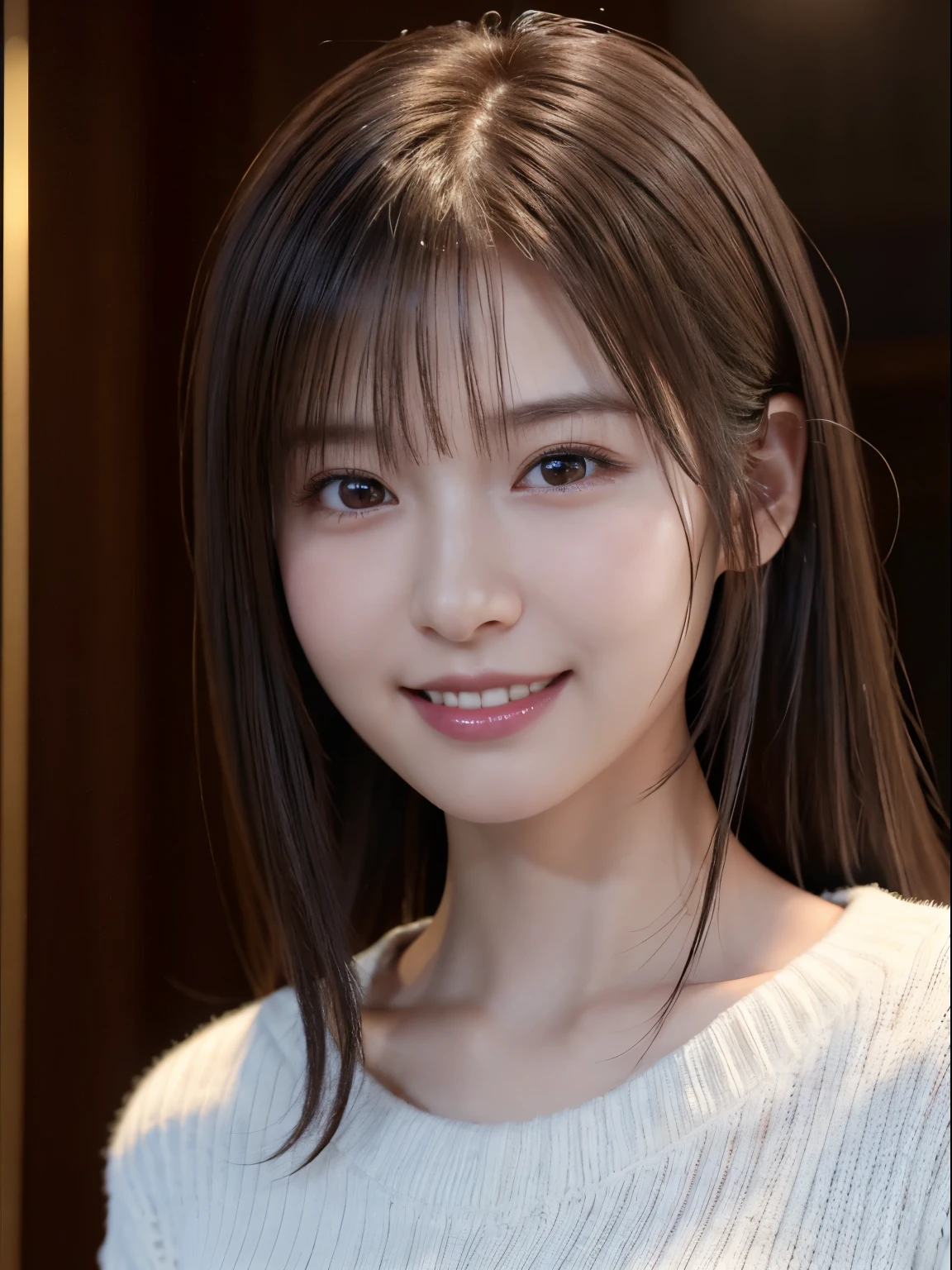 1 Japanese girl,(White sweater:1.4), (RAW Photos, highest quality), (Realistic, Realistic:1.4), Tabletop, Very delicate and beautiful, Very detailed, 8k wallpaper, wonderful, In detail, Very detailedなCG Unity, High resolution, Soft Light, Beautiful details 19 years old, Very detailedな目と顔, Beautiful and sophisticated nose, Beautiful details,Cinema Lighting,Perfect Anatomy,Slender body,smile (Asymmetrical bangs,)