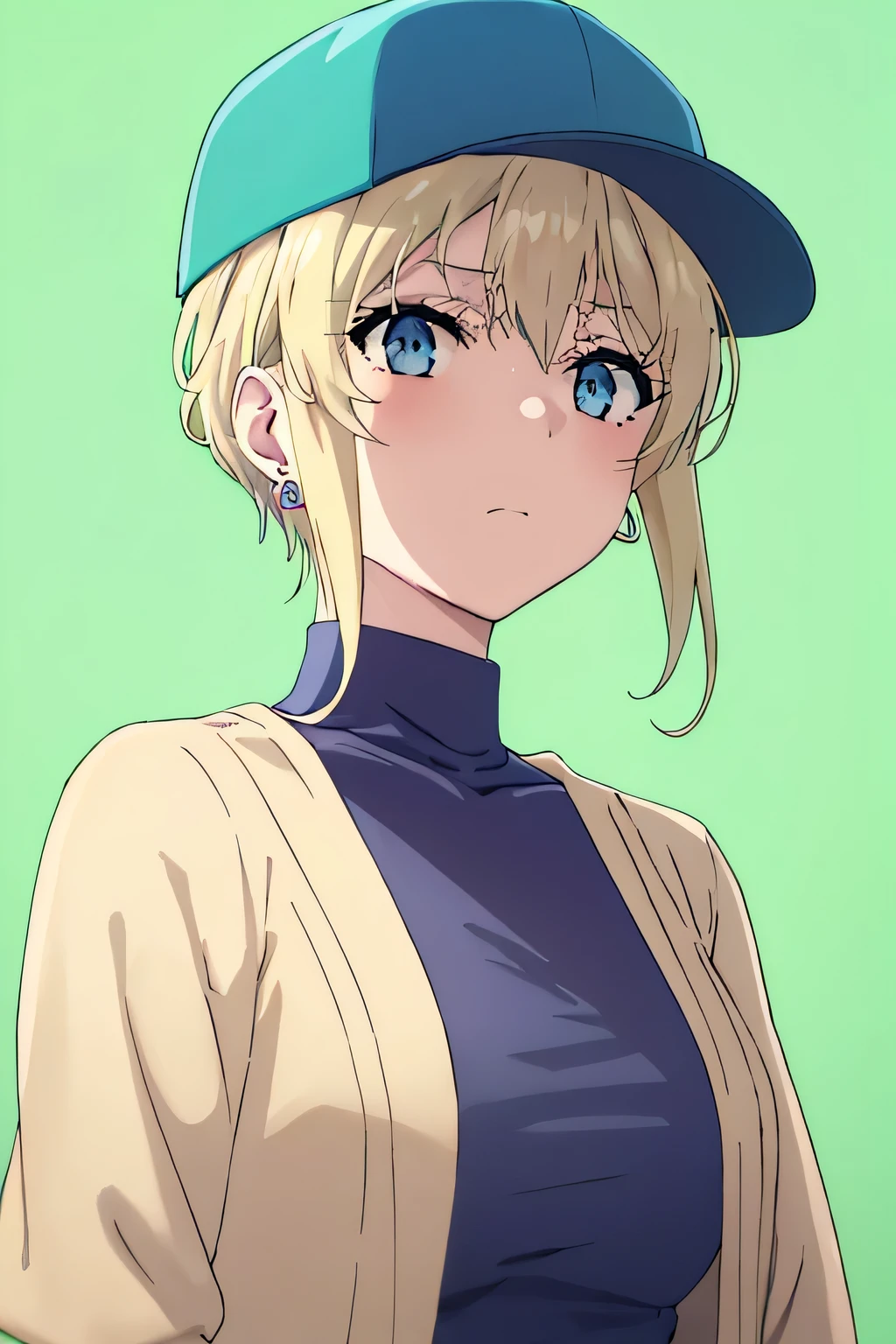 violet evergarden masterpiece, best quality, 1girl, aqua eyes, baseball cap, blonde hair, closed mouth, earrings, green background, hat, hoop earrings, jewelry, looking at viewer, shirt, short hair, simple background, solo, upper body, yellow shirt