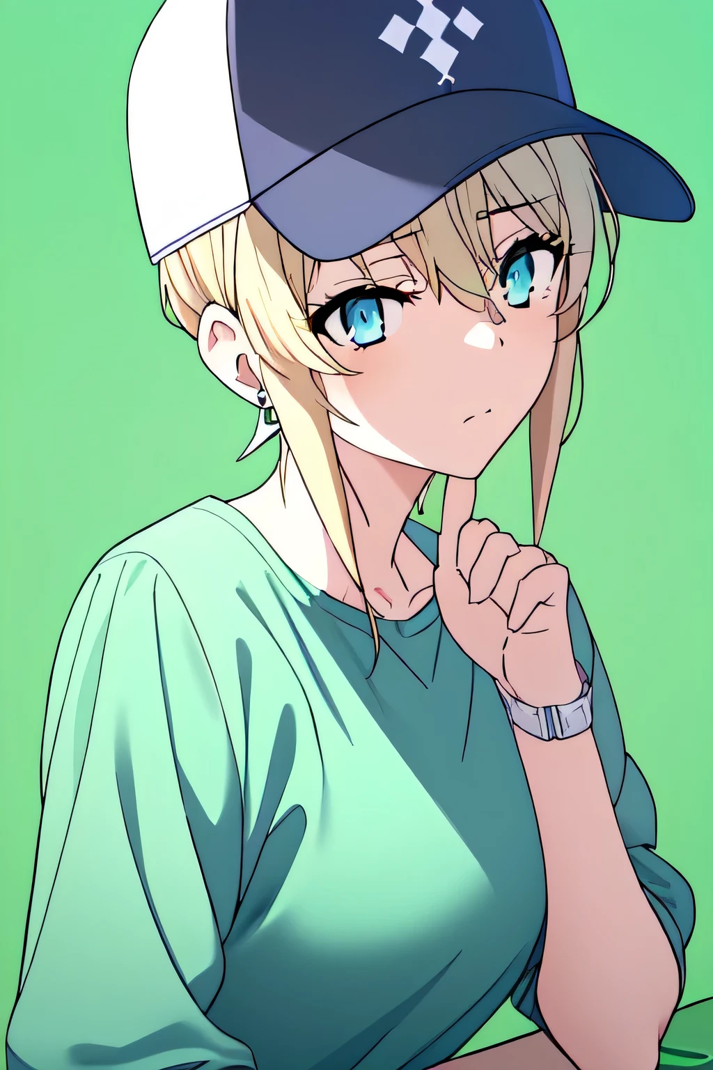 violet evergarden masterpiece, best quality, 1girl, aqua eyes, baseball cap, blonde hair, closed mouth, earrings, green background, hat, hoop earrings, jewelry, looking at viewer, shirt, short hair, simple background, solo, upper body, yellow shirt