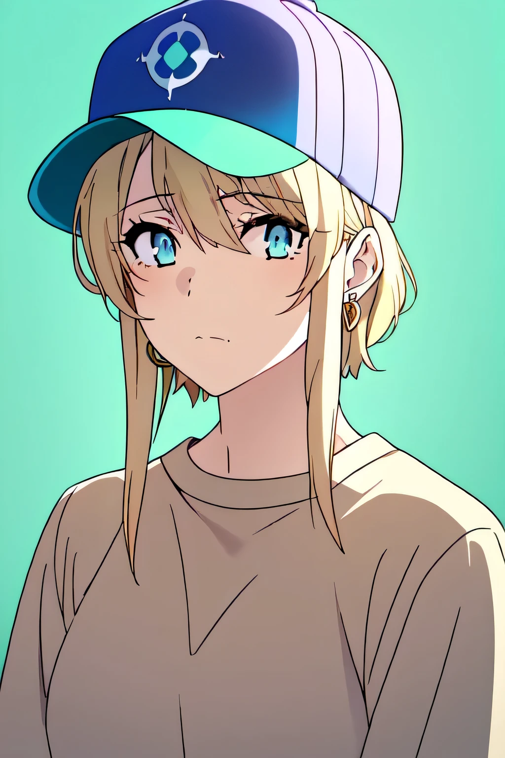 violet evergarden masterpiece, best quality, 1girl, aqua eyes, baseball cap, blonde hair, closed mouth, earrings, green background, hat, hoop earrings, jewelry, looking at viewer, shirt, short hair, simple background, solo, upper body, yellow shirt