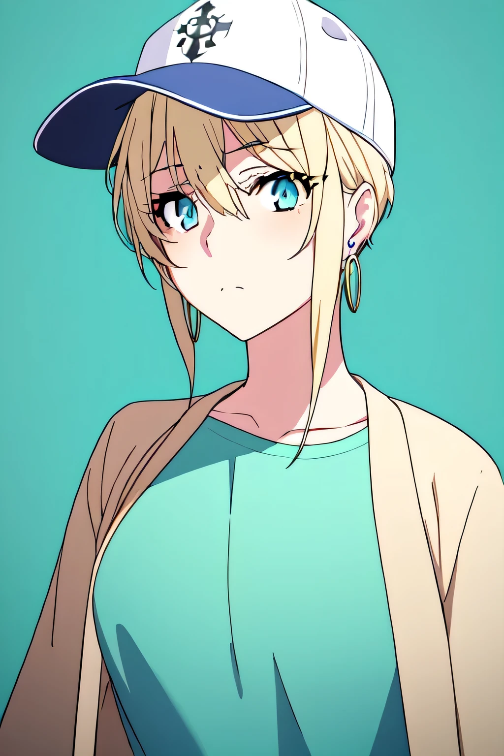 violet evergarden masterpiece, best quality, 1girl, aqua eyes, baseball cap, blonde hair, closed mouth, earrings, green background, hat, hoop earrings, jewelry, looking at viewer, shirt, short hair, simple background, solo, upper body, yellow shirt