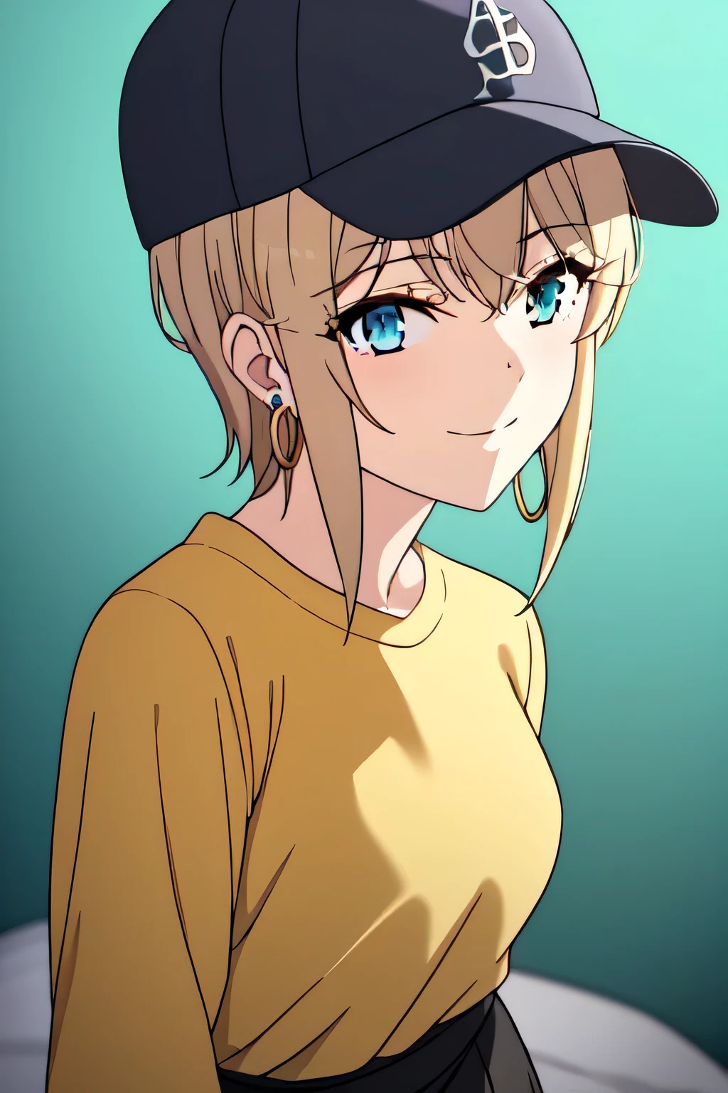 violet evergarden masterpiece, best quality, 1girl, aqua eyes, baseball cap, blonde hair, smile, earrings, green background, brown hair, hoop earrings, jewelry, looking at viewer, shirt, short hair, at the bed room, solo, upper body, yellow shirt, black skirt