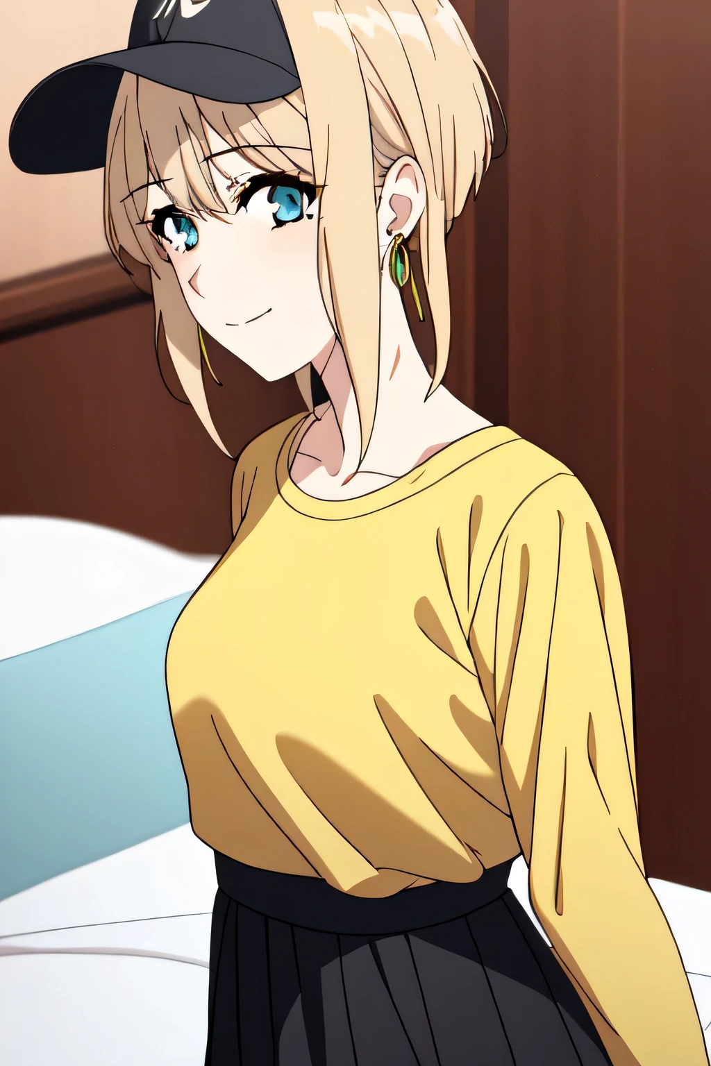 violet evergarden masterpiece, best quality, 1girl, aqua eyes, baseball cap, blonde hair, smile, earrings, green background, brown hair, hoop earrings, jewelry, looking at viewer, shirt, short hair, at the bed room, solo, upper body, yellow shirt, black skirt