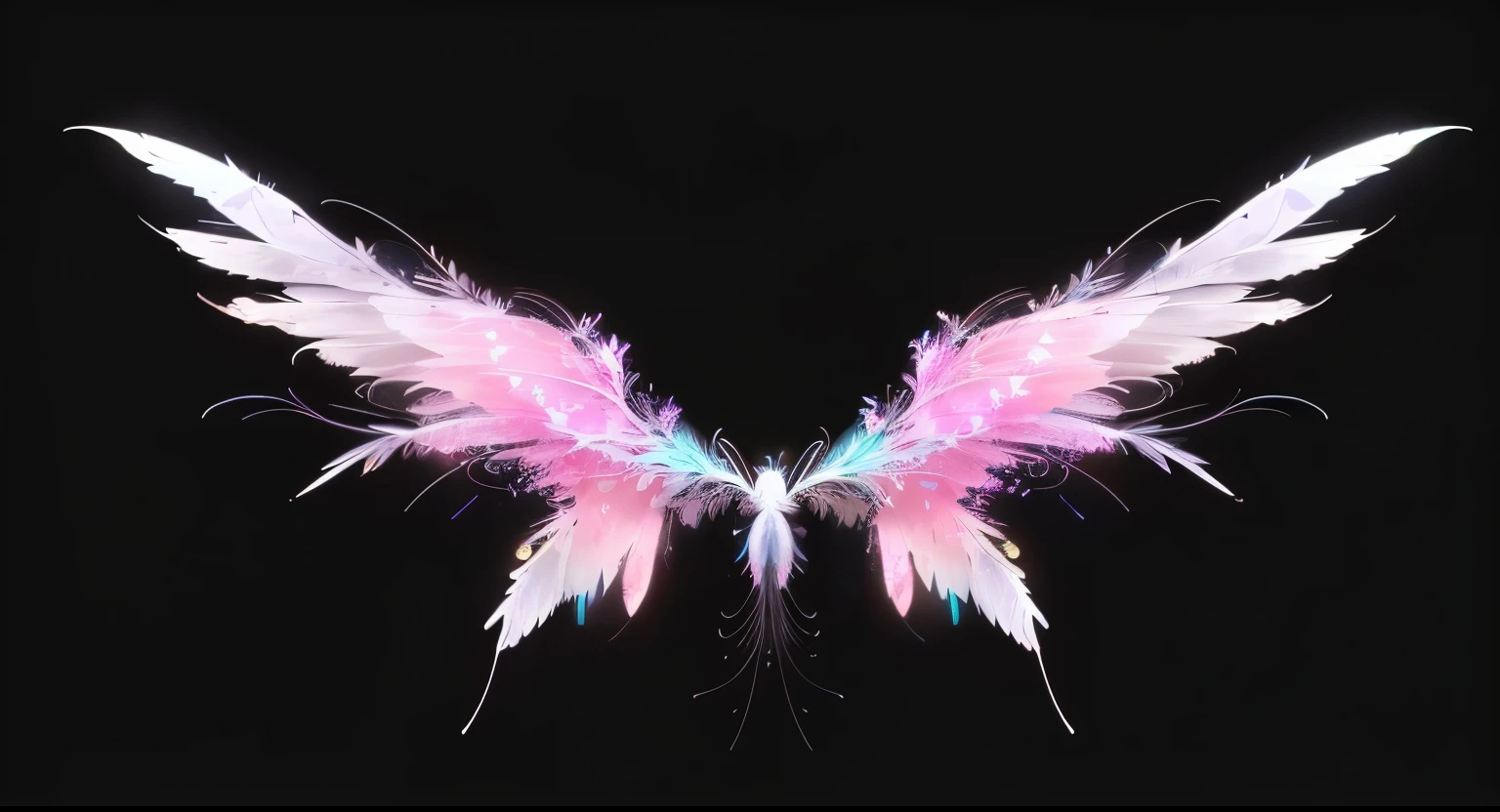 A butterfly with cyan and white feathers on a transparent background, Ethereal Wings, infinite Angel Wings, Neon wings, Infinite Angel Wings, Epic Angel Wings, Feathery wings, cosmic horror entity with wings, Angel Wings, Symmetrical wings, beautiful Angel Wings, Transparent wings, wispy gigantic wings, wings made of glass, wing, Devil's wings