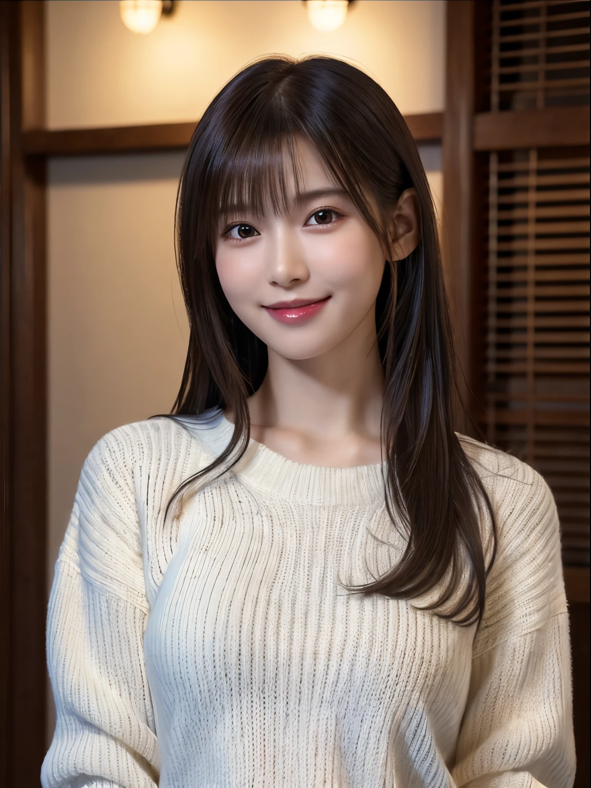 1 Japanese girl,(White sweater:1.4), (RAW Photos, highest quality), (Realistic, Realistic:1.4), Tabletop, Very delicate and beautiful, Very detailed, 8k wallpaper, wonderful, In detail, Very detailedなCG Unity, High resolution, Soft Light, Beautiful details 19 years old, Very detailedな目と顔, Beautiful and sophisticated nose, Beautiful details,Cinema Lighting,Perfect Anatomy,Slender body,smile  (Asymmetrical bangs,)