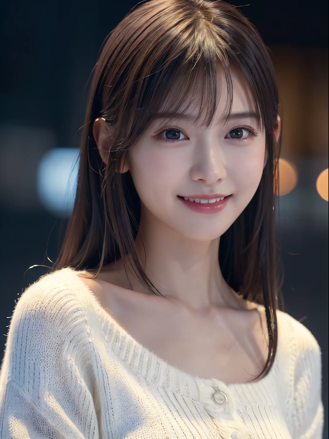 1 Japanese girl,(White sweater:1.4), (RAW Photos, highest quality), (Realistic, Realistic:1.4), Tabletop, Very delicate and beautiful, Very detailed, 8k wallpaper, wonderful, In detail, Very detailedなCG Unity, High resolution, Soft Light, Beautiful details 19 years old, Very detailedな目と顔, Beautiful and sophisticated nose, Beautiful details,Cinema Lighting,Perfect Anatomy,Slender body,smile  (Asymmetrical bangs,)