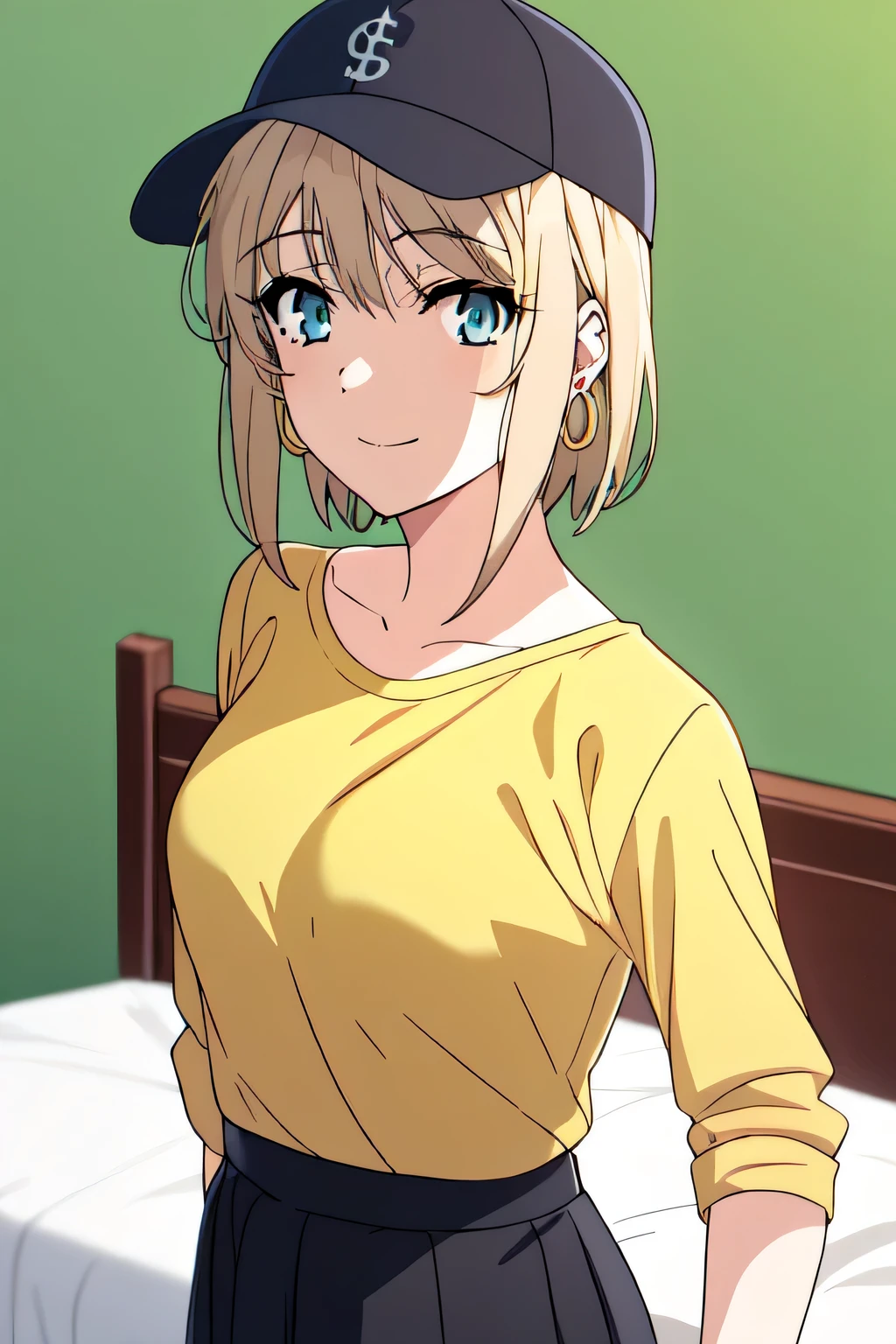 violet evergarden masterpiece, best quality, 1girl, aqua eyes, baseball cap, blonde hair, smile, earrings, green background, brown hair, hoop earrings, jewelry, looking at viewer, shirt, short hair, at the bed room, solo, upper body, yellow shirt, black skirt