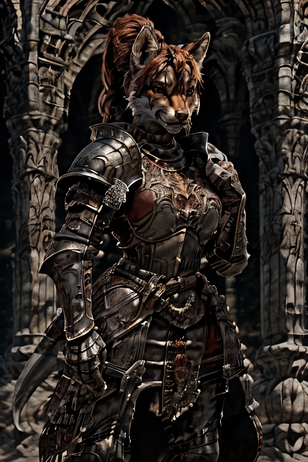 fox, Female, red fur, (tail:1.3), red eyes, detailed eyes, (red hair,tied in a bun), solo, (Knight armor), big breast, (holds with both hands), Mastersword, strike pose,(Sharp focus, masterpiece, 8k, intricate artwork, hyper detailed, high detail),