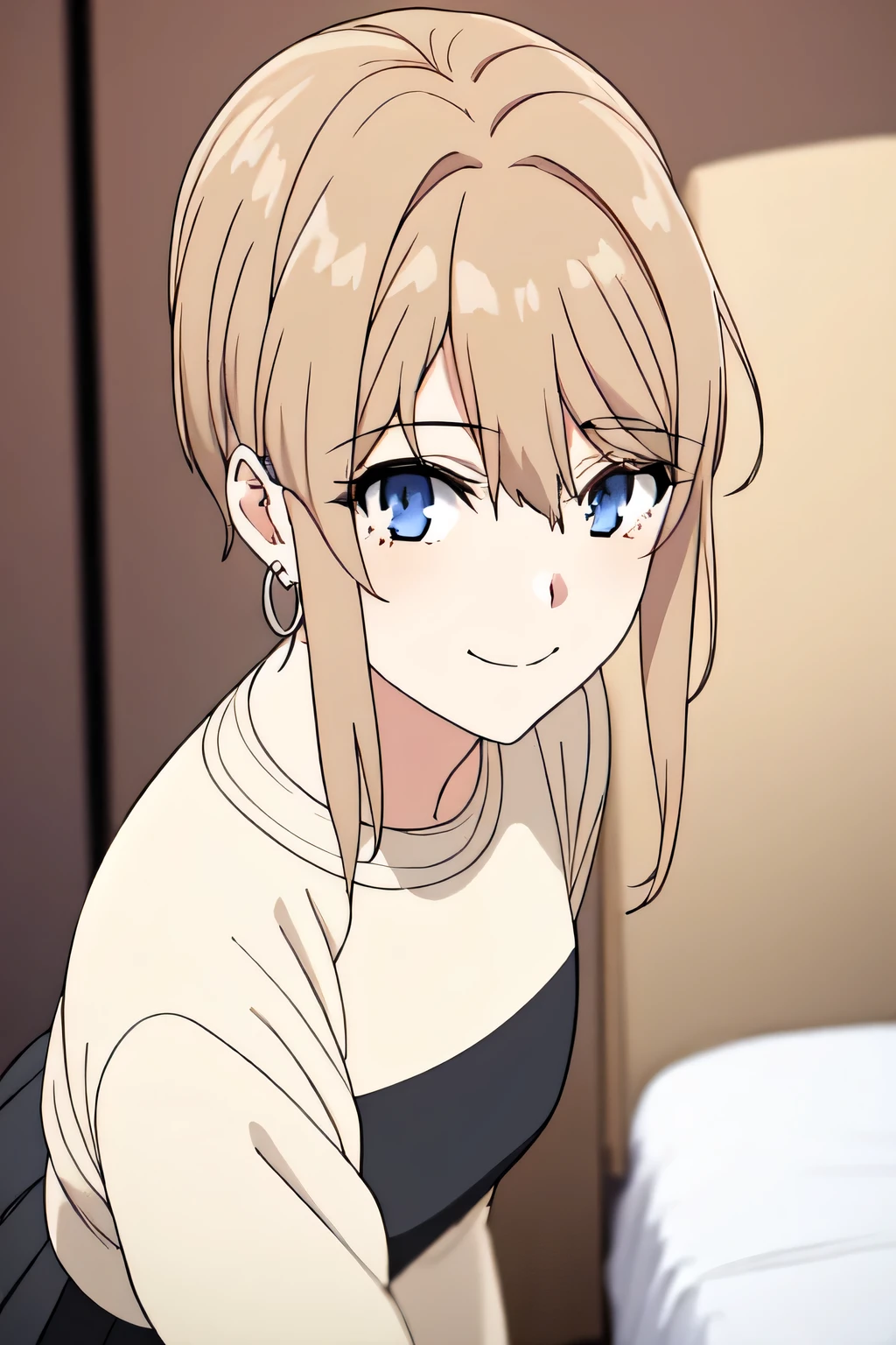 violet evergarden masterpiece, best quality, 1girl, blue eyes, smile, earrings, brown hair, hoop earrings, jewelry, looking at viewer, simple shirt, short hair, at the bed room, solo, upper body, black skirt