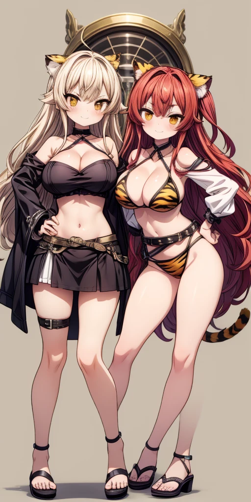 ((Masterpiece, plain background,1:2, masterpiece)) full body standing with separate yellow tiger print stockings thighs and sleeves, yellow tiger bikini print, hands on waist, navel, lustful smirking smiling, smile face (red blushed, red cheeks) armbands, black leather choker slave collar, metal sandals, big knockers, cleavage, separate sleeves, leather corset, hands on hips, shackles bracelets, slave red crest, loincloth standing, metal sandals, big belt, view from below, feet together, bracers, standing contrapposto straight symmetrical looking to viewer
