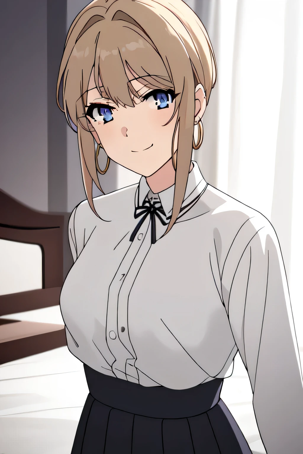 violet evergarden masterpiece, best quality, 1girl, blue eyes, smile, earrings, brown hair, hoop earrings, jewelry, looking at viewer, simple shirt, short hair, at the bed room, solo, upper body, black skirt