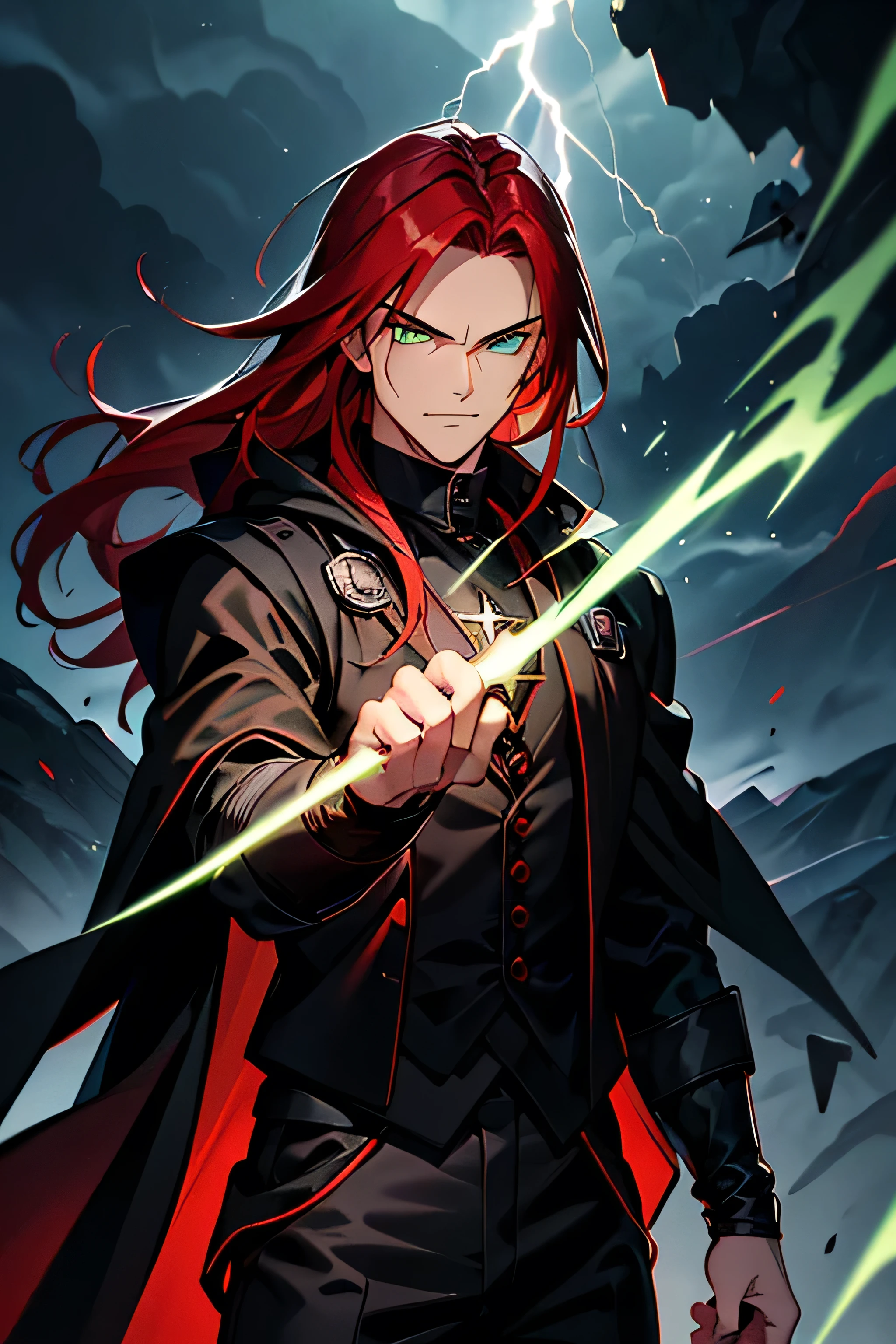 Male ninja, man, highly detailed, masterpiece, best quality, correct hands, long red hair, long hair, green eyes, bright green eyes, ((black pants, black cloak, black shirt, black vest,)) smug look, mountain background, storm, lightning, stormy atmosphere, surrounded by lightning, green lightning, green static sparks,