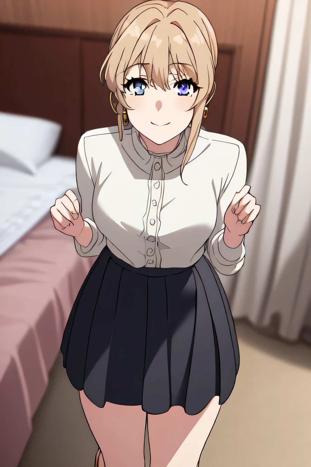 violet evergarden masterpiece, best quality, 1girl, blue eyes, smile, earrings, brown hair, hoop earrings, jewelry, looking at viewer, short shirt, short hair, at the bed room, solo, full body, black skirt, lift her skirt 