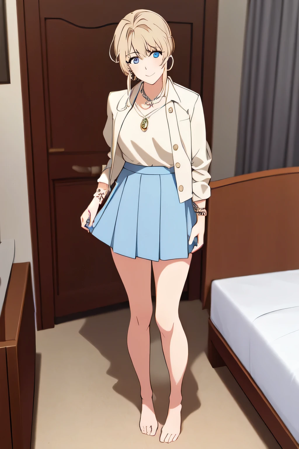 violet evergarden masterpiece, best quality, 1girl, blue eyes, smile, earrings, brown hair, hoop earrings, jewelry, looking at viewer, short hair, at the bed room, solo, full body, simple jacket, short skirt, lift skirt , look from down