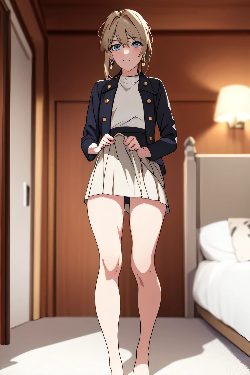 violet evergarden masterpiece, best quality, 1girl, blue eyes, smile, earrings, brown hair, hoop earrings, jewelry, looking at viewer, short hair, at the bed room, solo, full body, simple jacket, short skirt, lift skirt , look from down 