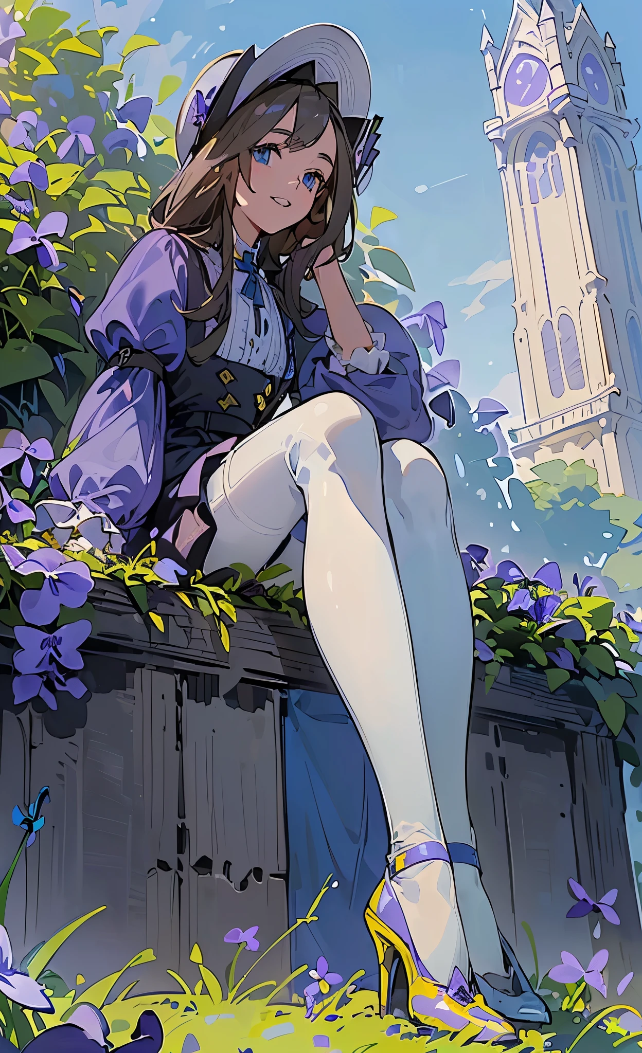 1girll, (((cabellos largos dorados))), (((blue color eyes))),Light smile, Hat,(((Sitting))),Outdoors,(((blue clear skies))),(((Violets grow on the grass next to it))),((((Anne Hathaway)))),(((white stockings))),(((Wear blue high heels))),happy