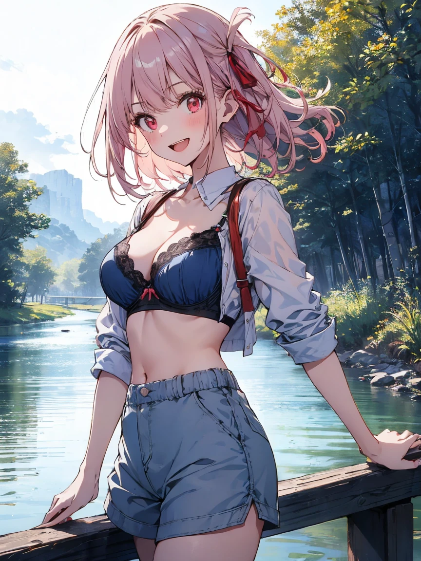 beutiful short light pink girl with red eyes, laughing girl, she wearing a cute white and blue shirt a bit open black bra and shorts pants blue, she watching a river
