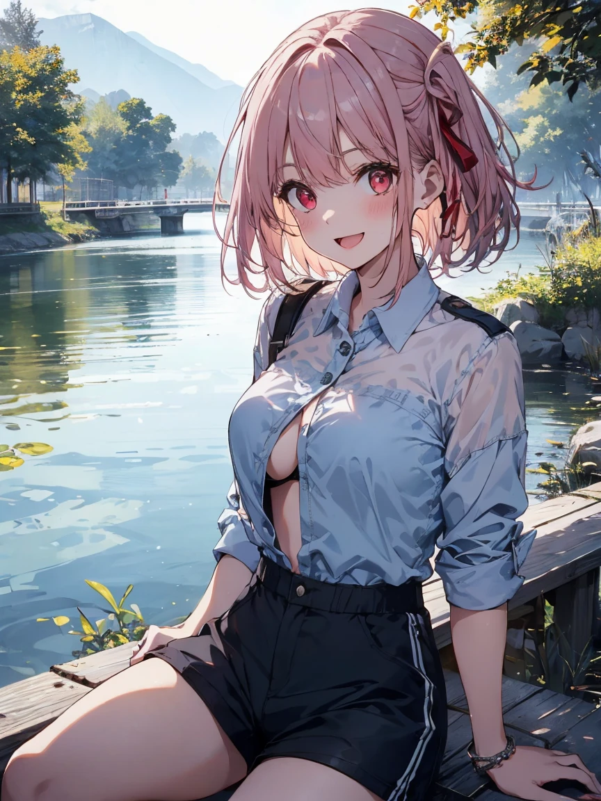 beutiful short light pink girl with red eyes, laughing girl, she wearing a cute white and blue shirt a bit open black bra and shorts pants blue, she watching a river