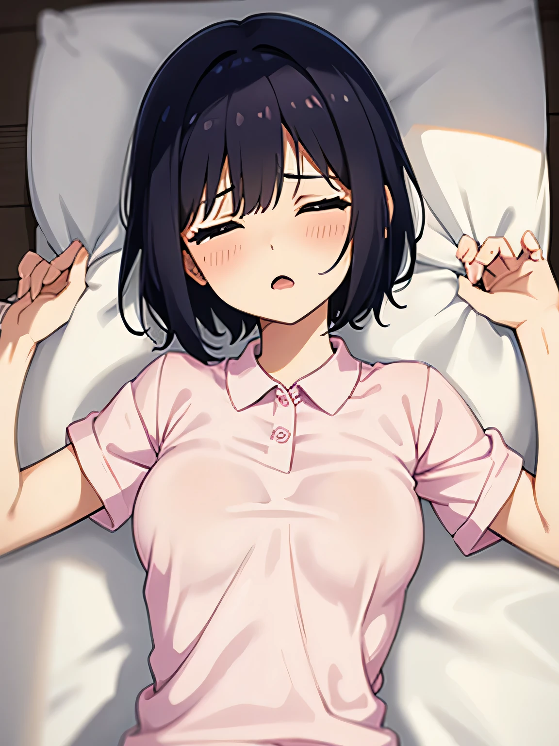 1. Beautiful woman in a pink polo shirt, short hair, Small breasts,Black Hair, Hospital Beautiful Cute High Quality Sleeping in bed Sexy Saliva Feeling Man underneath