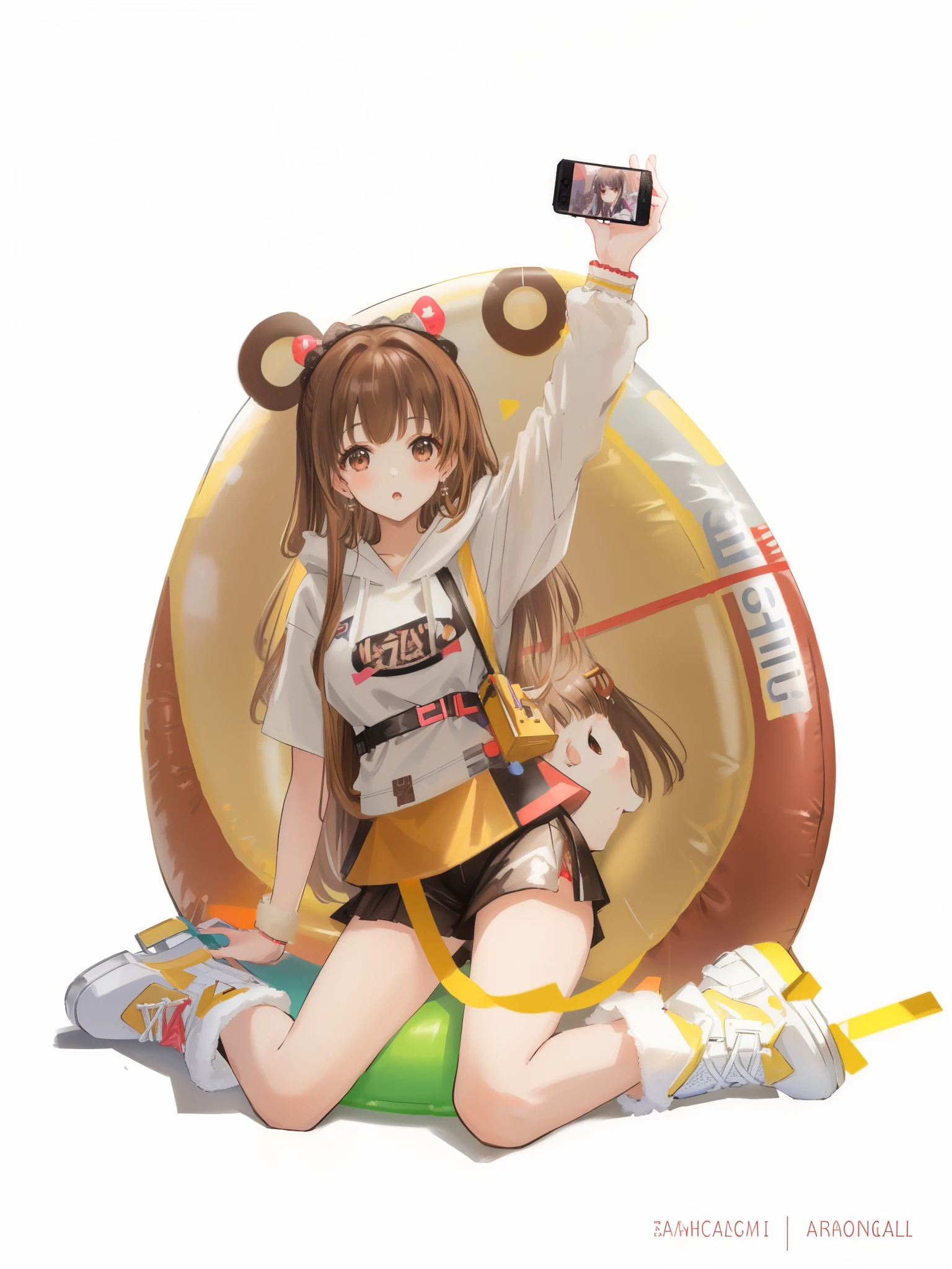 (brown long hair swept bangs:1.3), araffe girl sitting on a giant inflatable object holding a cell phone, lalisa manobal, lalisa manoban of blackpink, ulzzang, trending on cgstation, roseanne park of blackpink, trending at cgstation, e-girl, e - girl, inflatable, beige hoodie, ruan cute vtuber, , kawacy