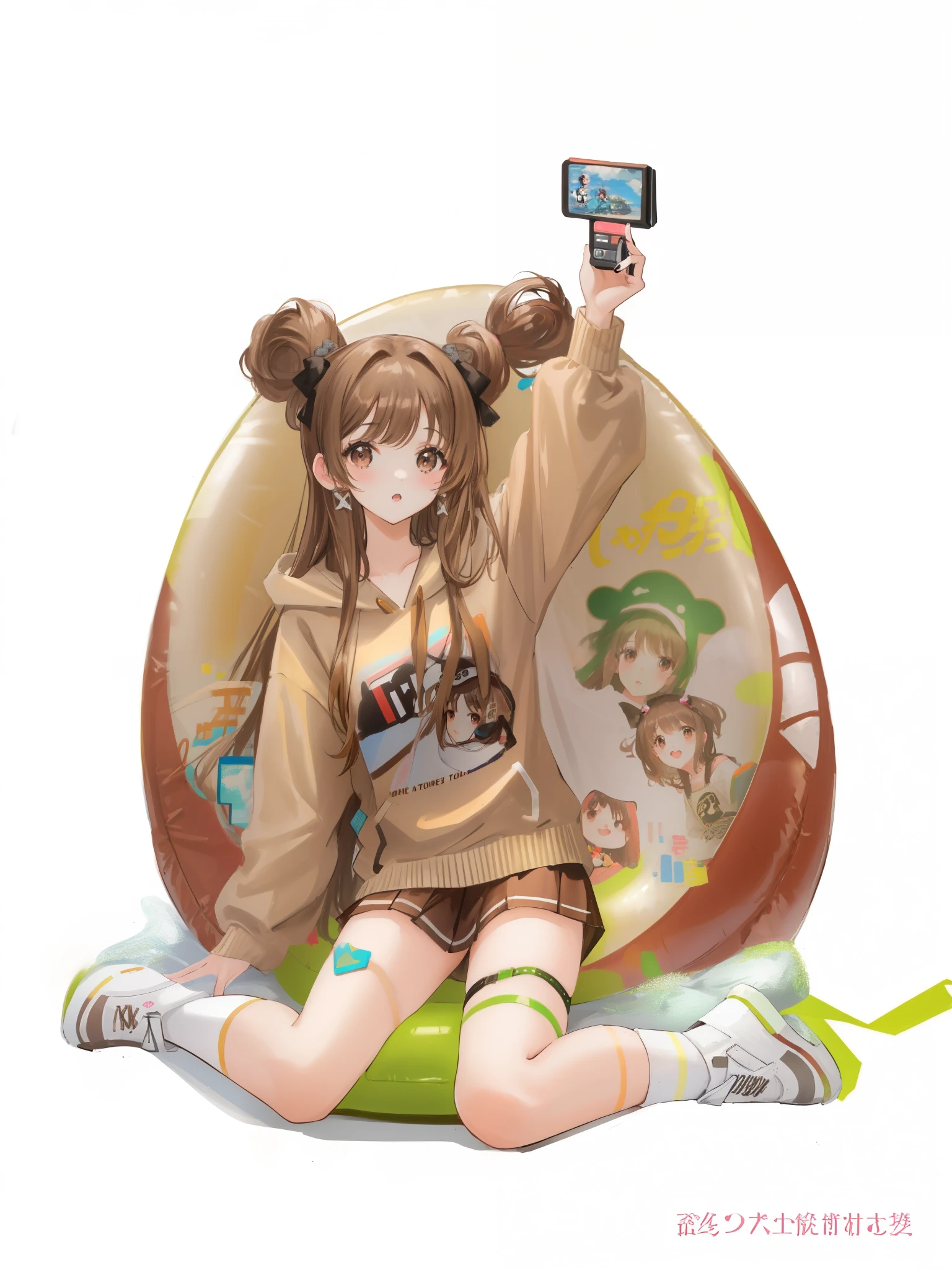 (brown long hair swept bangs:1.3), araffe girl sitting on a giant inflatable object holding a cell phone, lalisa manobal, lalisa manoban of blackpink, ulzzang, trending on cgstation, roseanne park of blackpink, trending at cgstation, e-girl, e - girl, inflatable, beige hoodie, ruan cute vtuber, , kawacy