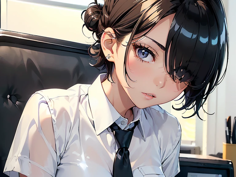 (masterpiece)(8k)(20-year old girl)(wild hair:1.1)(short hair:1.3)(black-brown hair)(hair covering one eye:1.3)(long eyelashes and eyeliner)(mascara)(black pupils)(single hair bun in back)(flat chest)(shiny skin:1.5)(glossy lips)(white office shirt:1.3)(black necktie)(serious expression:1.3)(playground)(clipboard)(sunny day:1.3)