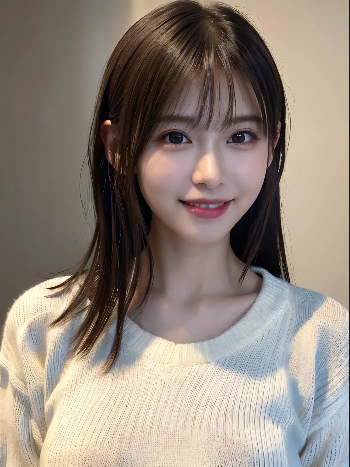 1 Japanese girl,(White sweater:1.4), (RAW Photos, highest quality), (Realistic, Realistic:1.4), Tabletop, Very delicate and beautiful, Very detailed, 8k wallpaper, wonderful, In detail, Very detailedなCG Unity, High resolution, Soft Light, Beautiful details 19 years old, Very detailedな目と顔, Beautiful and sophisticated nose, Beautiful details,Cinema Lighting,Perfect Anatomy,Slender body,smile  (Asymmetrical bangs,)