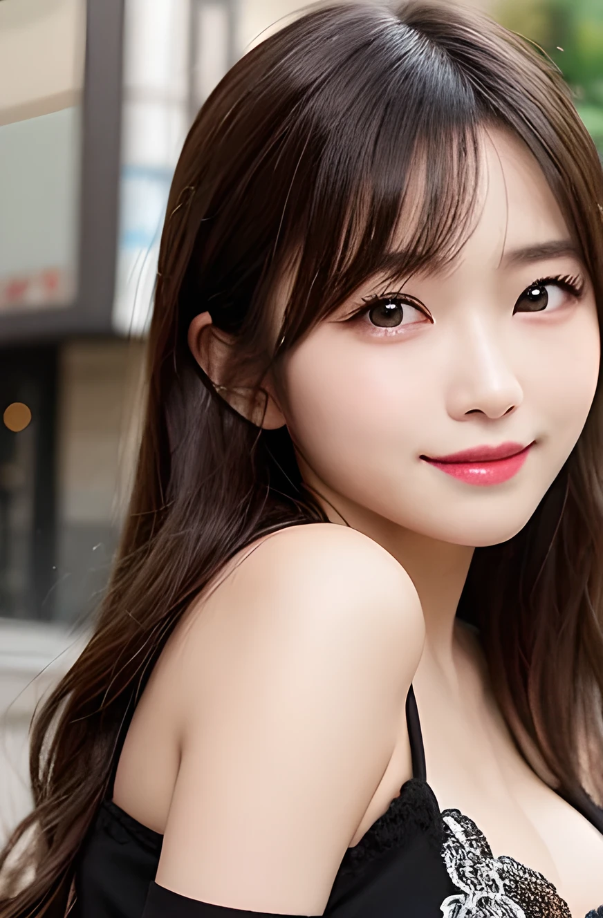 masutepiece, Best Quality, Illustration, Ultra-detailed, finely detail, hight resolution, 8K Wallpaper, 1 girl, japanese girl, 18 years old, Perfect dynamic composition, Beautiful detailed eyes, large round eyes, drooping eyes, tight T-shirt with large open chest,waved hair,huge tit、Natural Color Lip, Bold sexy poses, faschinating Smile,Harajuku, gentle expression, Cute、Sexy shot looking at viewer, bokeh, shallow depth of field,
